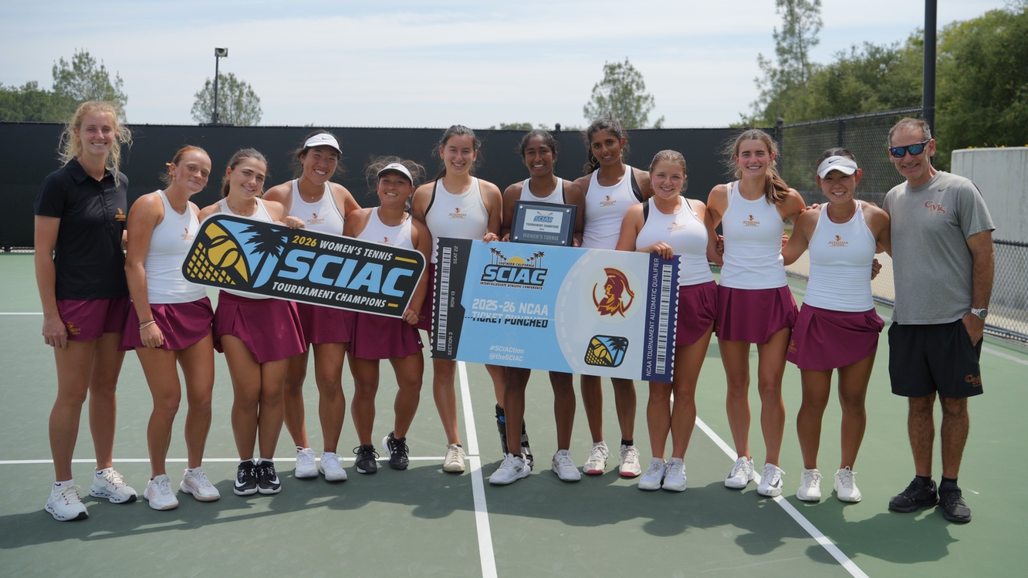 CMS Women's Tennis team with the SCIAC banner