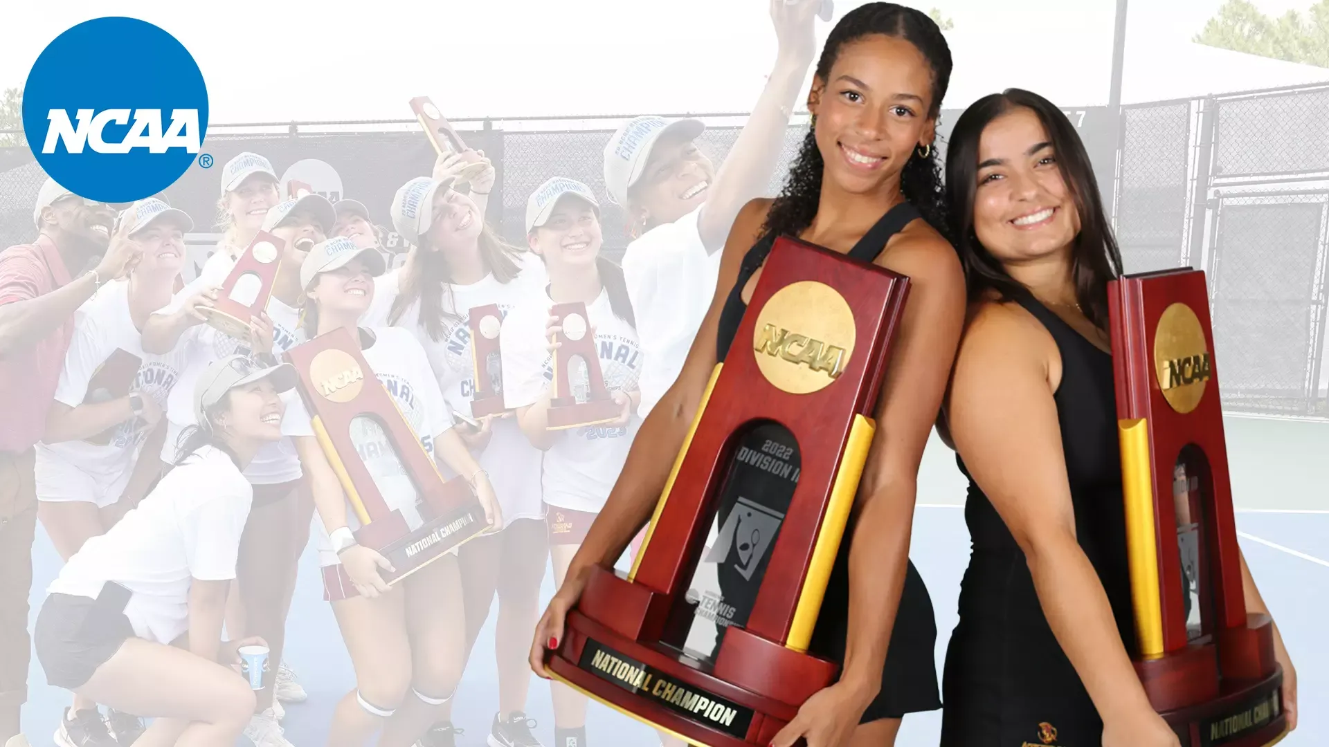 Ella Brissett, Alisha Chulani holding the NCAA Championship trophies, and a team celebration shot in the background