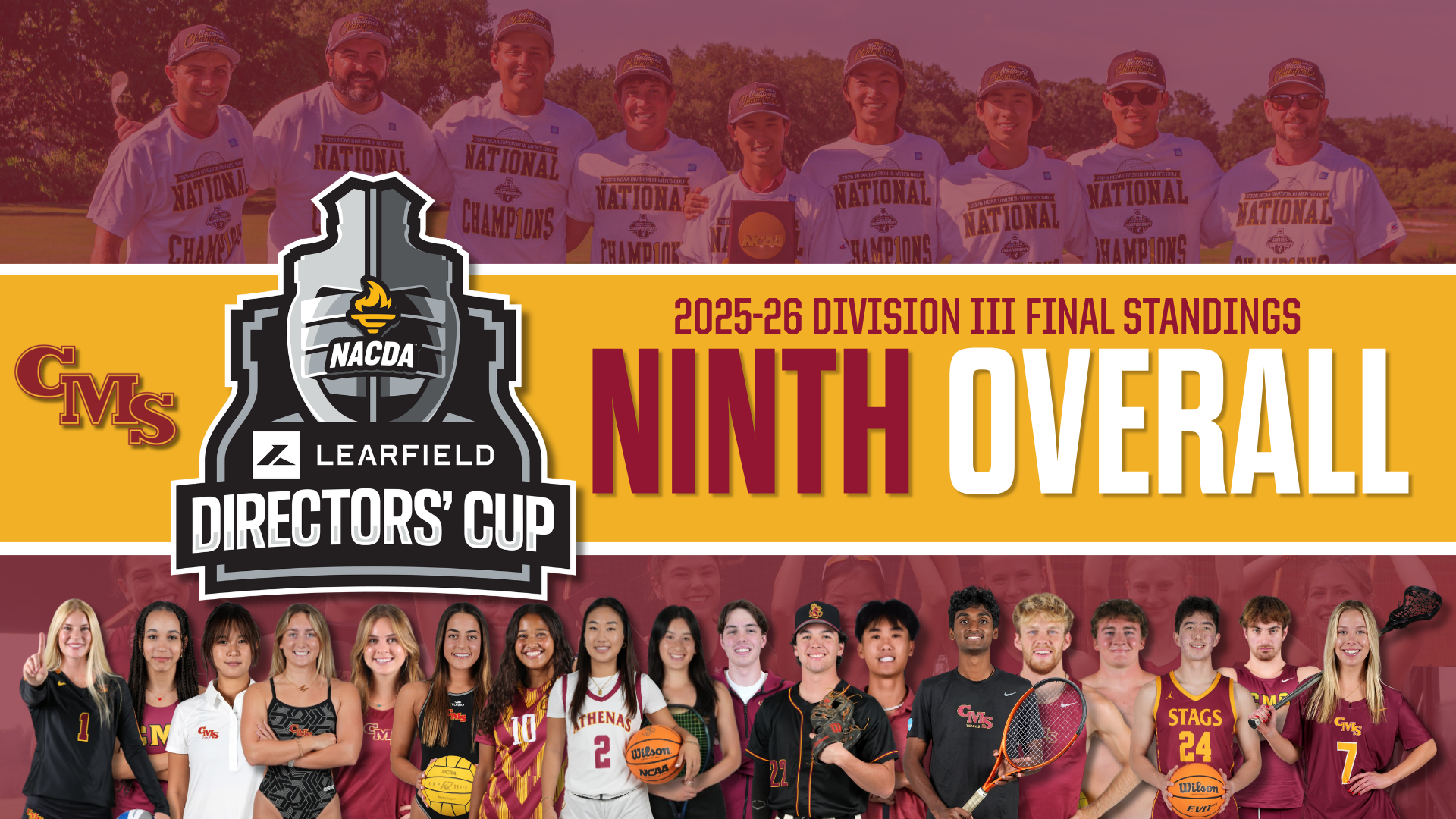 Learfield Cup logo with the words Ninth Overall, Division III Final Standings, and a composite photo of CMS athletes. A men's golf national championship team photo is ghosted in the background, as well as a women's cross country third-place 