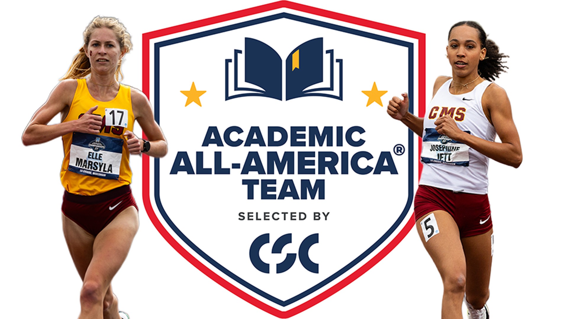 Elle Marsyla and Josephine Jett action shots with the Academic All-America logo