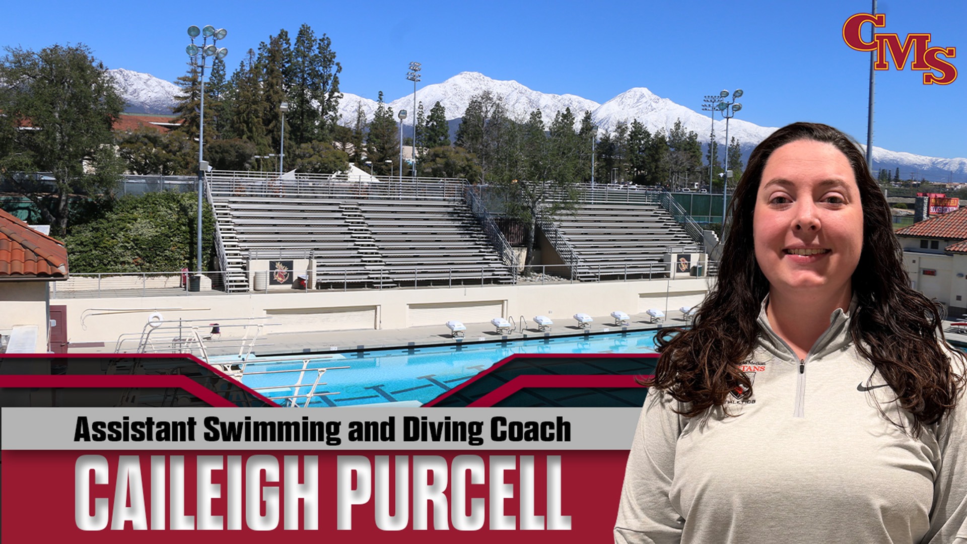 Caileigh Purcell head shot with a picture of the pool and the words Assistant Swimming and Diving Coach