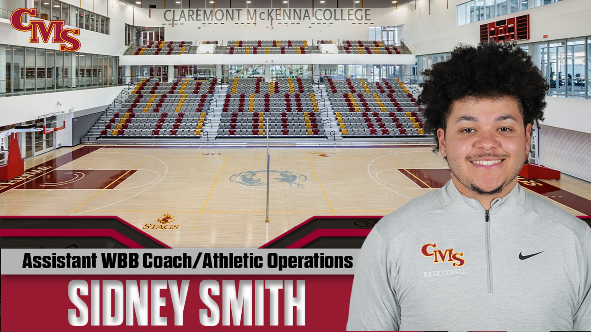 Sidney Smith head shot with Roberts Pavilion in the background and the words Assistant WBB Coach/Sport Operations