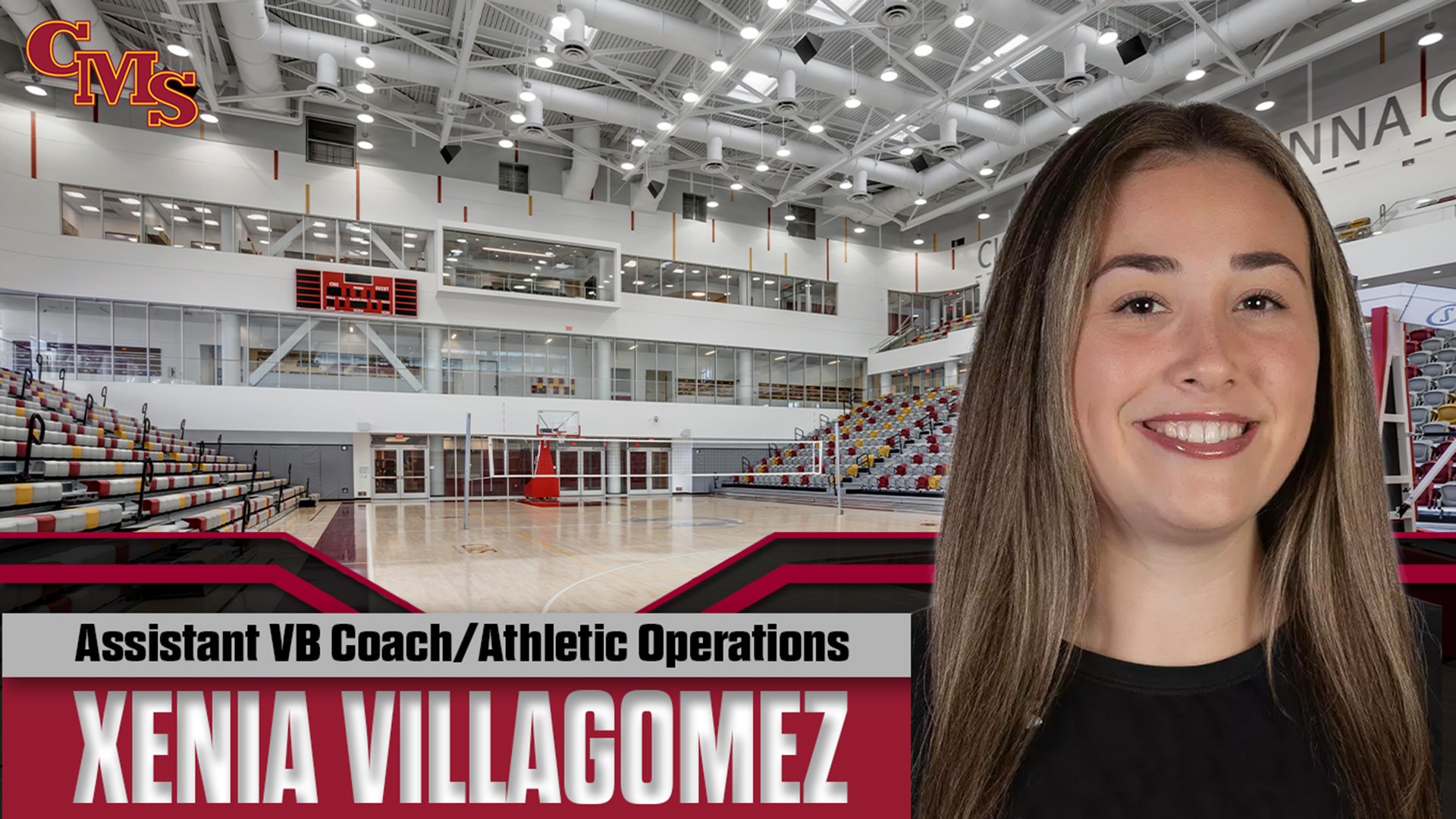 Xenia Villagomez head shot with Roberts Pavilion in the background and the words Assistant VB Coach/Athletic Operations