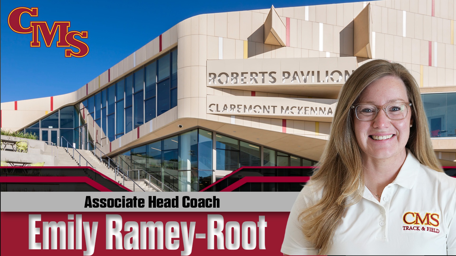 Emily Ramey-Root head shot with Roberts Pavilion in the background and the words Associate Head Coach