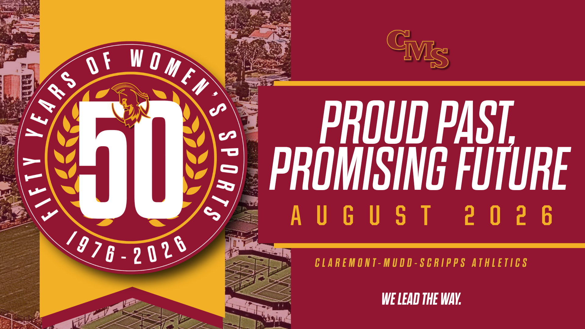 The 50 Years of CMS Women's Athletics logo with an overhead shot of campus in the background