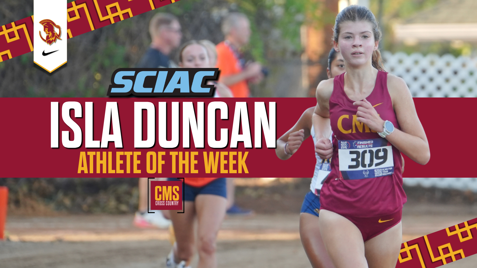 Isla Duncan action shot with the SCIAC logo and the words Athlete of the Week