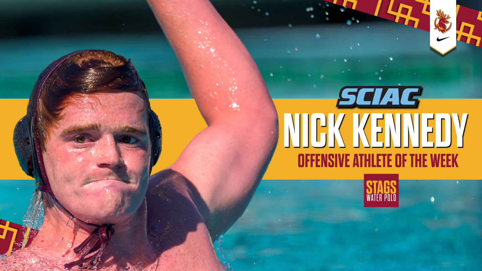 Nick Kennedy action shot with the SCIAC logo and the words Offensive Athlete of the Week