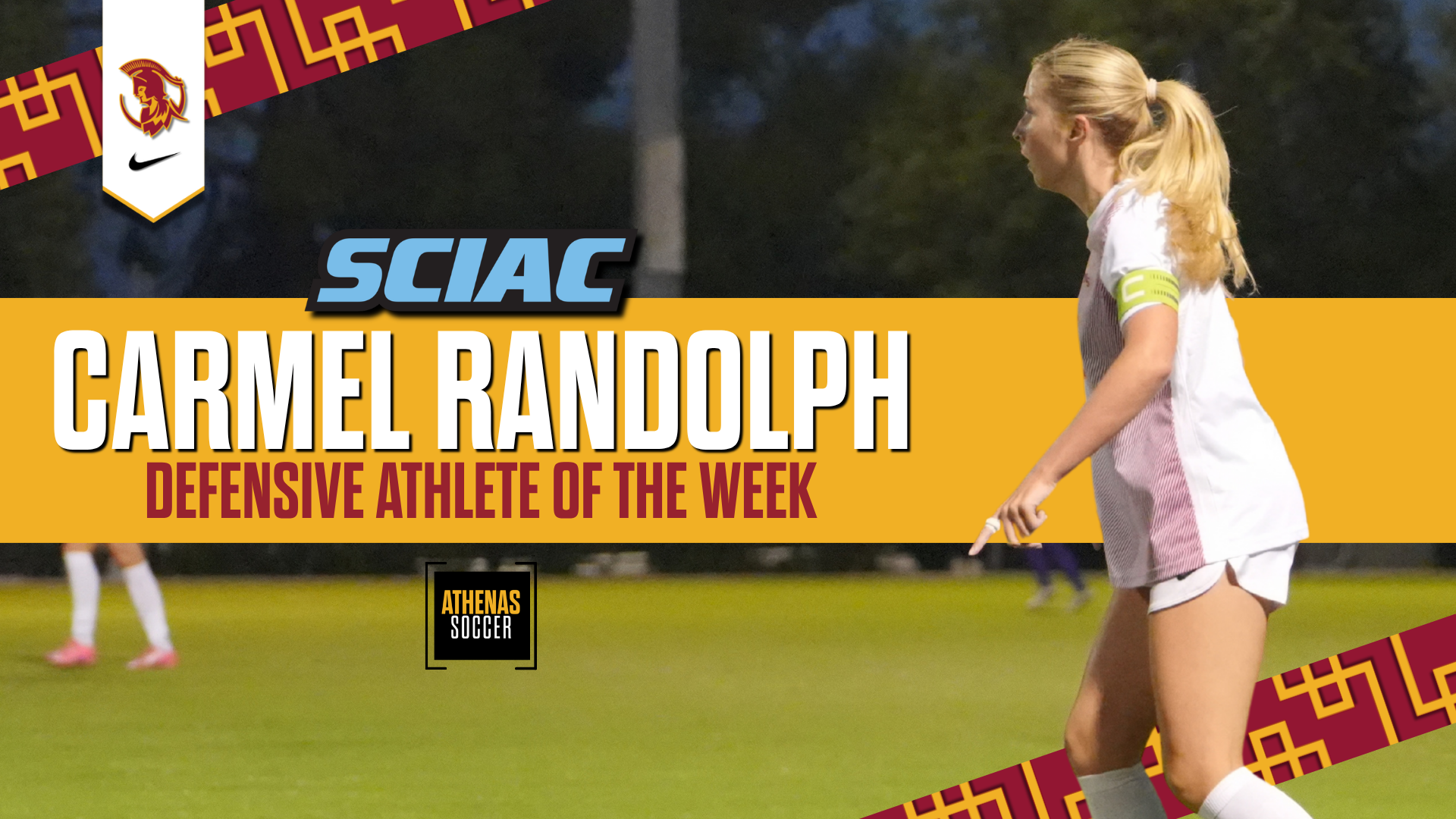 Carmel Randolph action shot with the SCIAC logo and the words Defensive Athlete of the Week