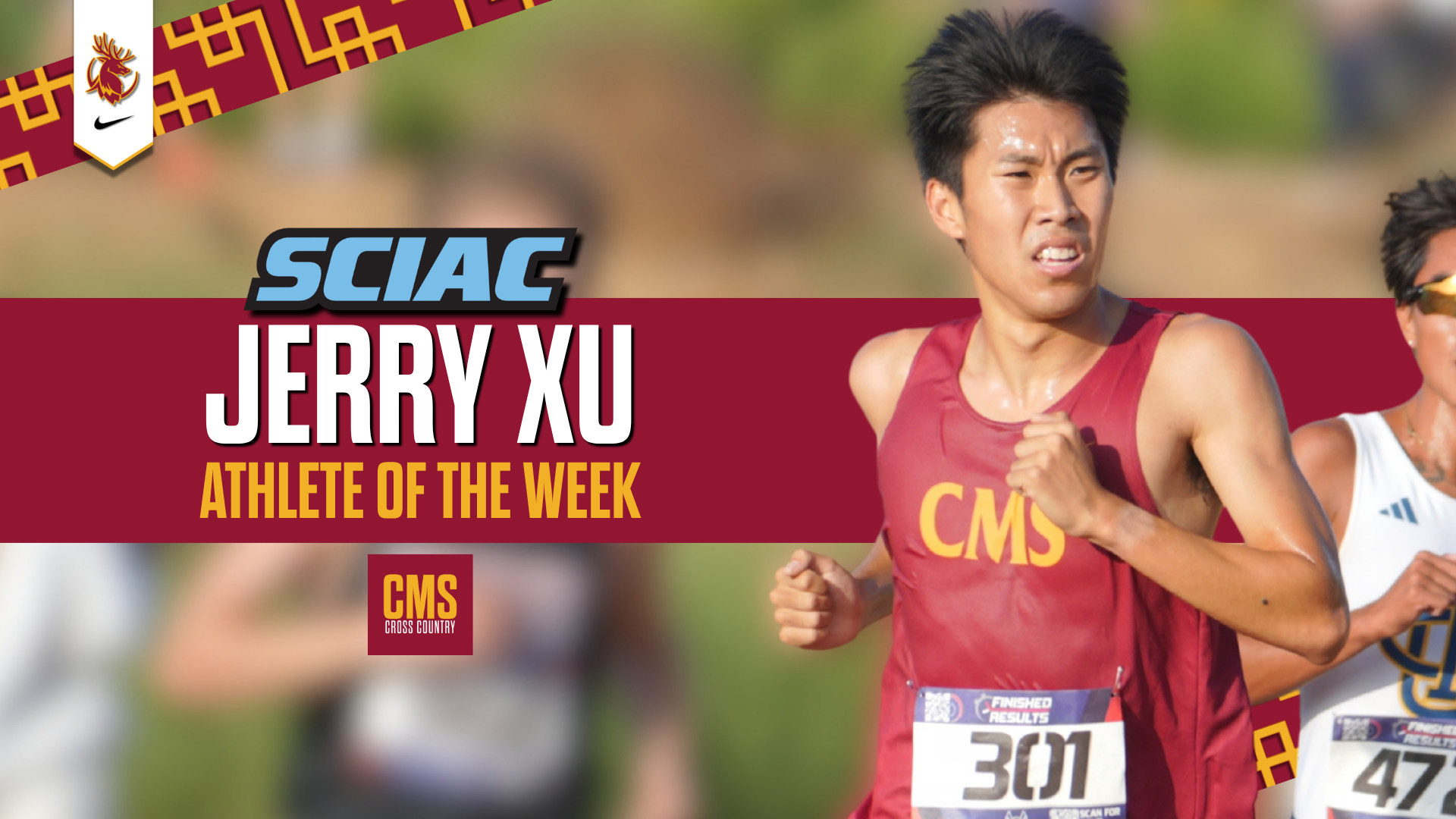 Jerry Xu running with the SCIAC Logo and the words Athlete of the Week