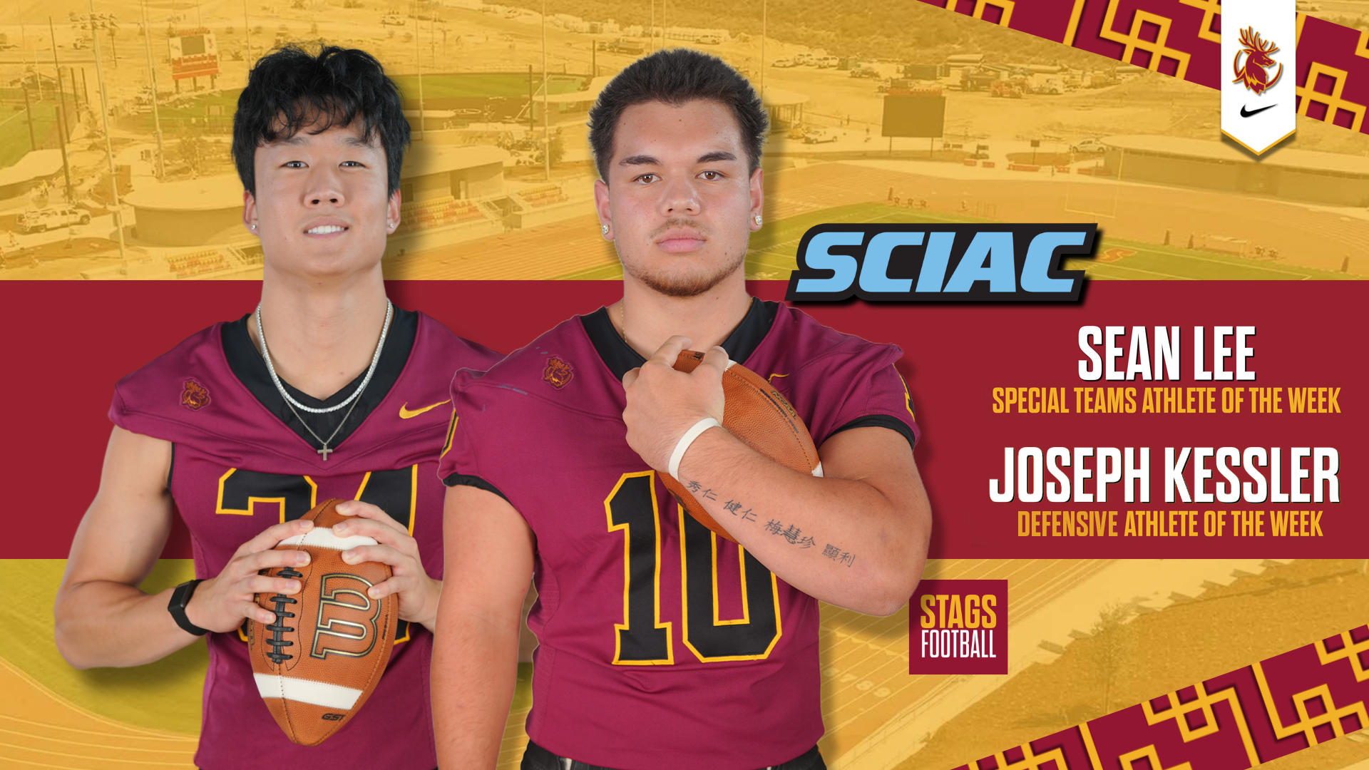 Sean Lee, Joseph Kessler posed shots with the SCIAC logo and the words Special Teams Player of the Week and Defensive Player of the Week