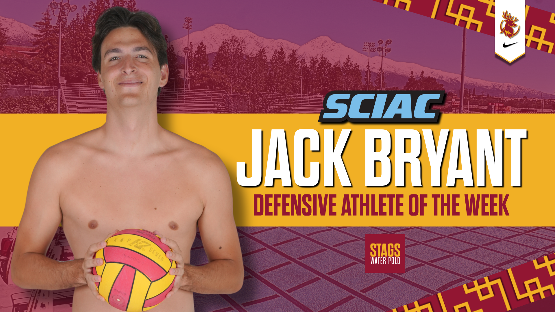 Jack Bryant posed shot with the SCIAC logo and the words Defensive Athlete of the Week