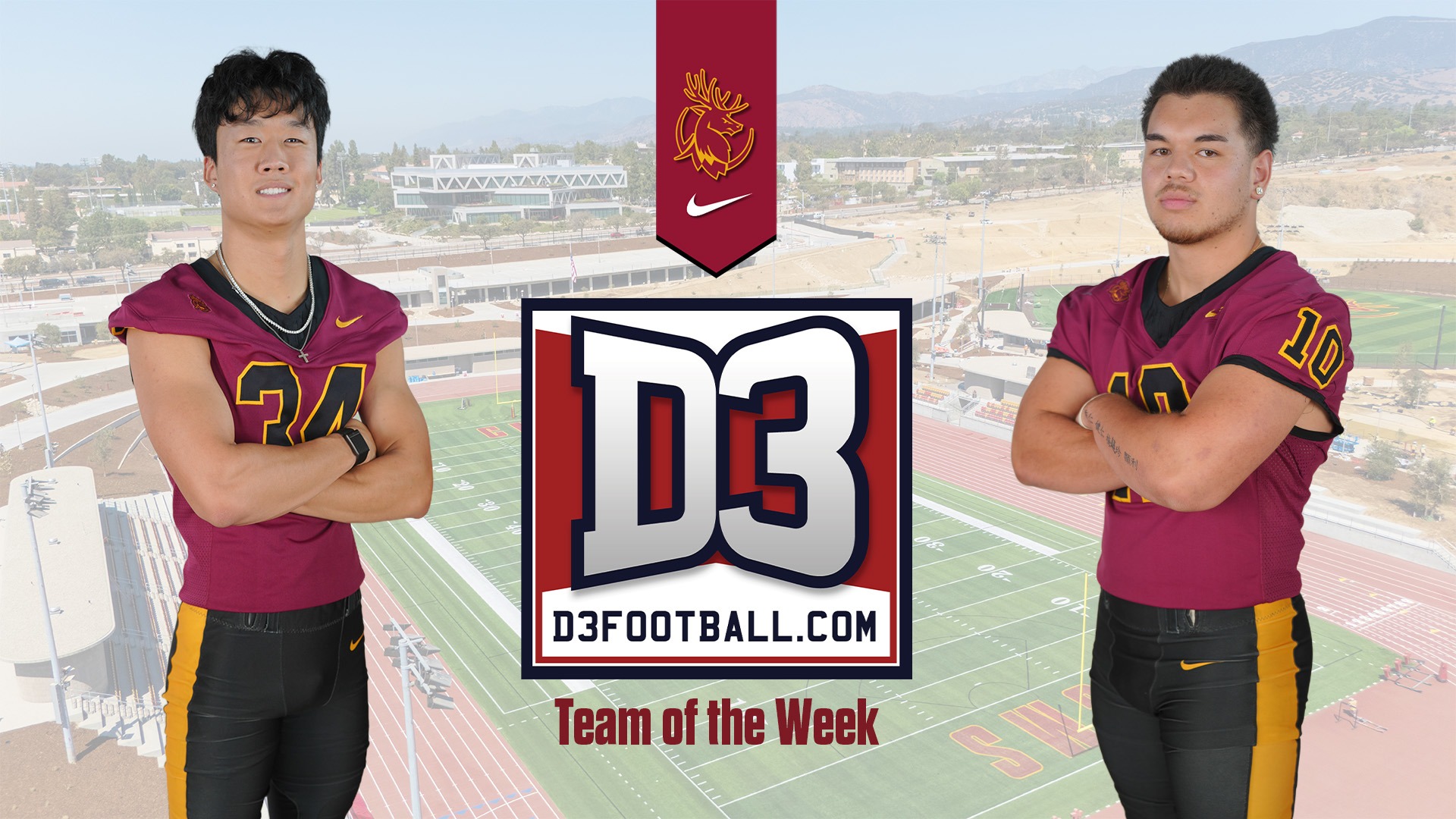 Posed shots of Sean Lee and Joseph Kessler with the words D3football.com Team of the Week and an overhead shot of the stadium in the background