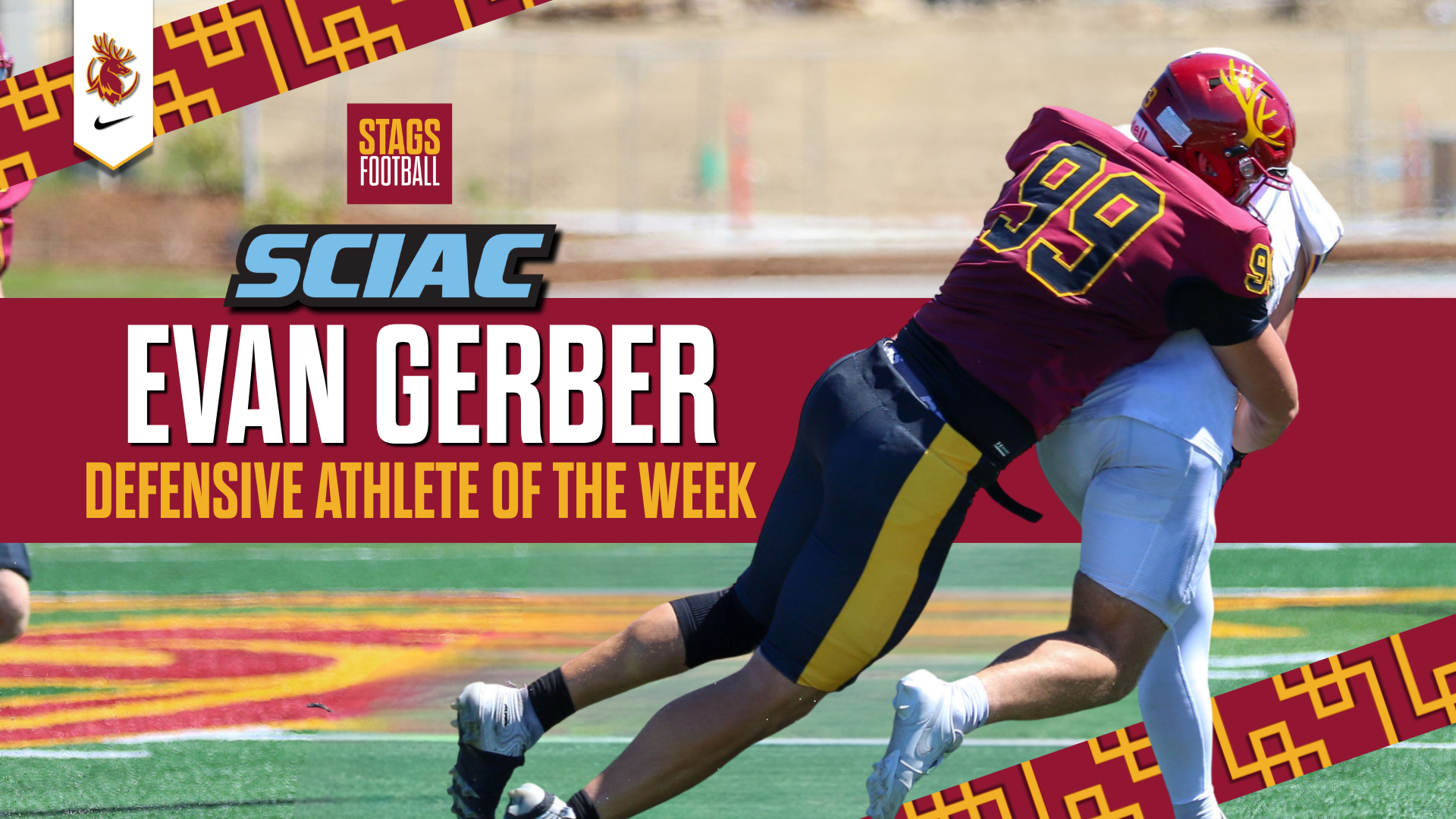 Evan Gerber making a tackle with the SCIAC logo and the words SCIAC Defensive Athlete of the Week