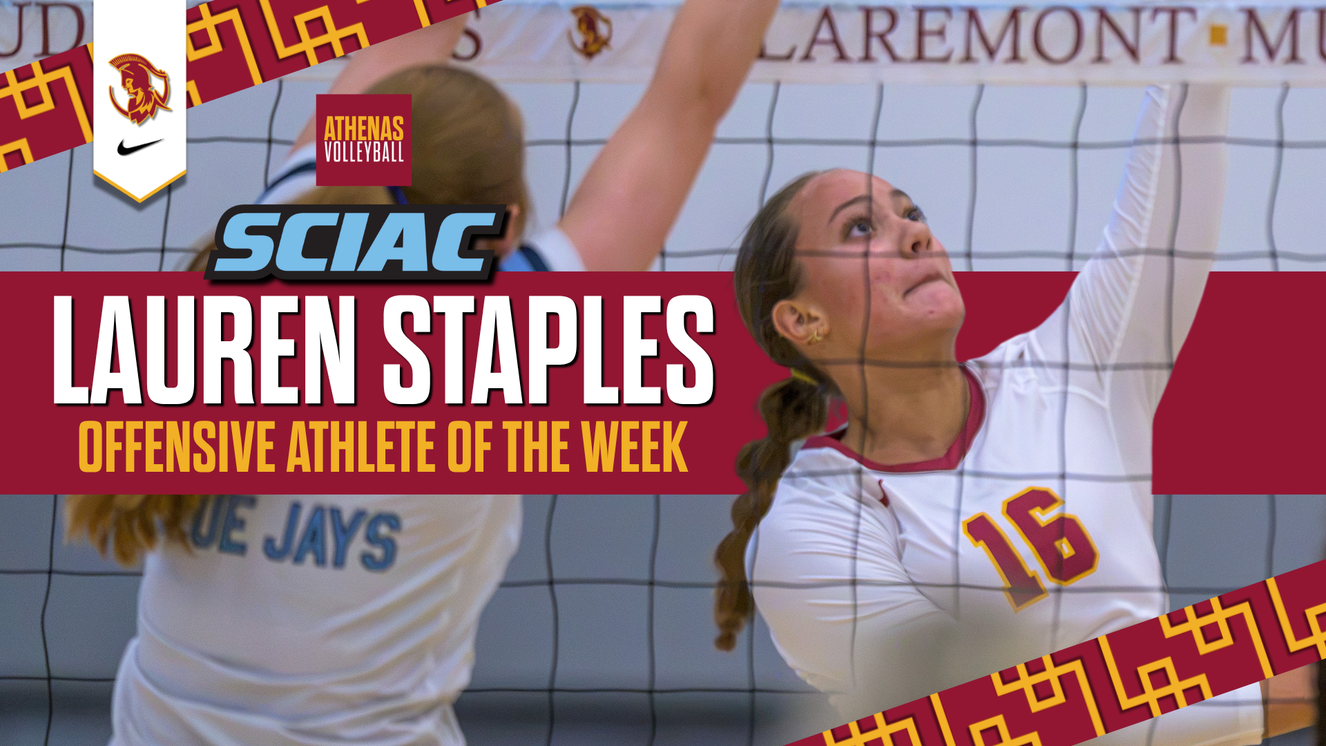 Lauren Staples action shot with the SCIAC logo and the words SCIAC Offensive Player of the Week