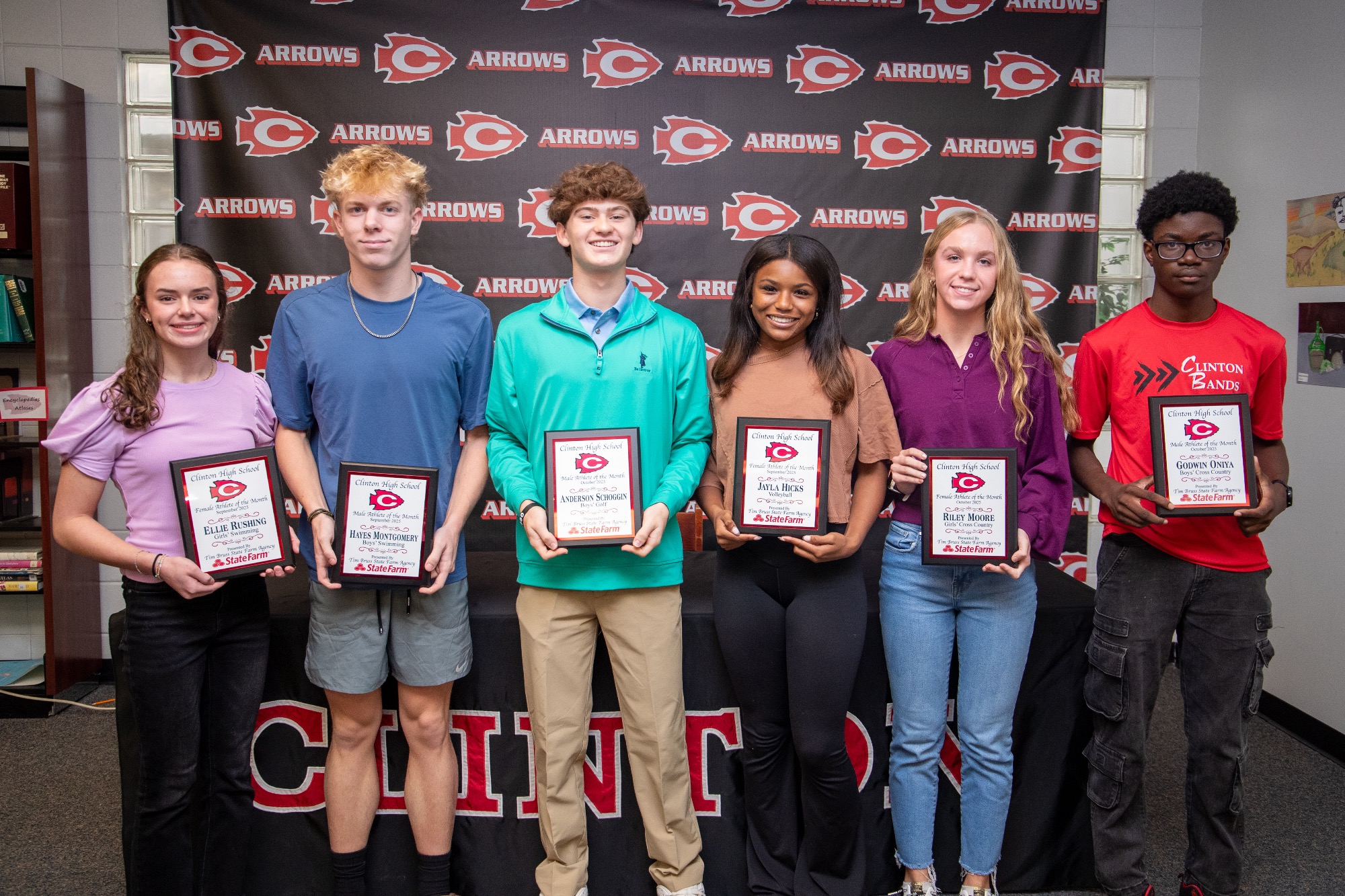 Clinton Athletics proudly spotlighted exceptional student-athletes this fall through the support of State Farm – Tim Bruss. Coaches nominated athletes who demonstrate excellence not only in their sport, but also in the classroom and throughout the community. September’s honorees were Volleyball’s Jayla Hicks, Girls’ Swimming’s Ellie Rushing, and Boys’ Swimming’s Hayes Montgomery. October recognitions went to Riley Moore for Girls’ Cross Country, Godwin Oniya for Boys’ Cross Country, and Anderson Schoggin for Boys’ Golf.