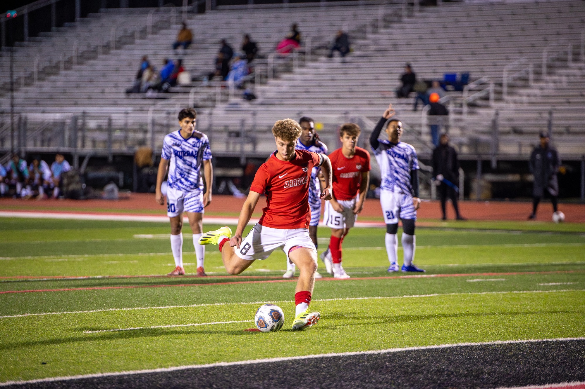 Wes Ambrose converts his first-half penalty kick against the Murrah Mustangs on Thursday, December 19, at Arrow Field.