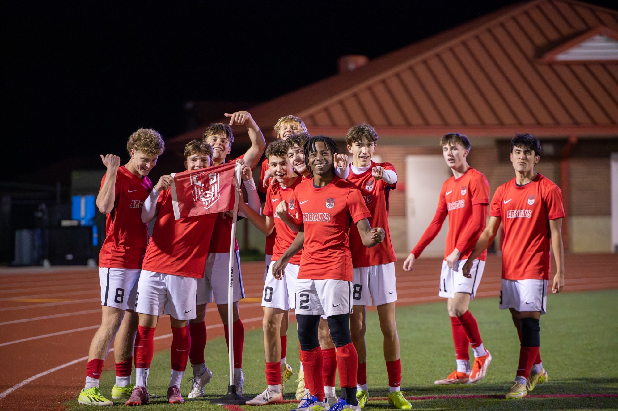 The Arrows celebrate Bradley Wells' goal that gave them a 3-1 lead over Germantown on Tuesday night at Arrow Field.