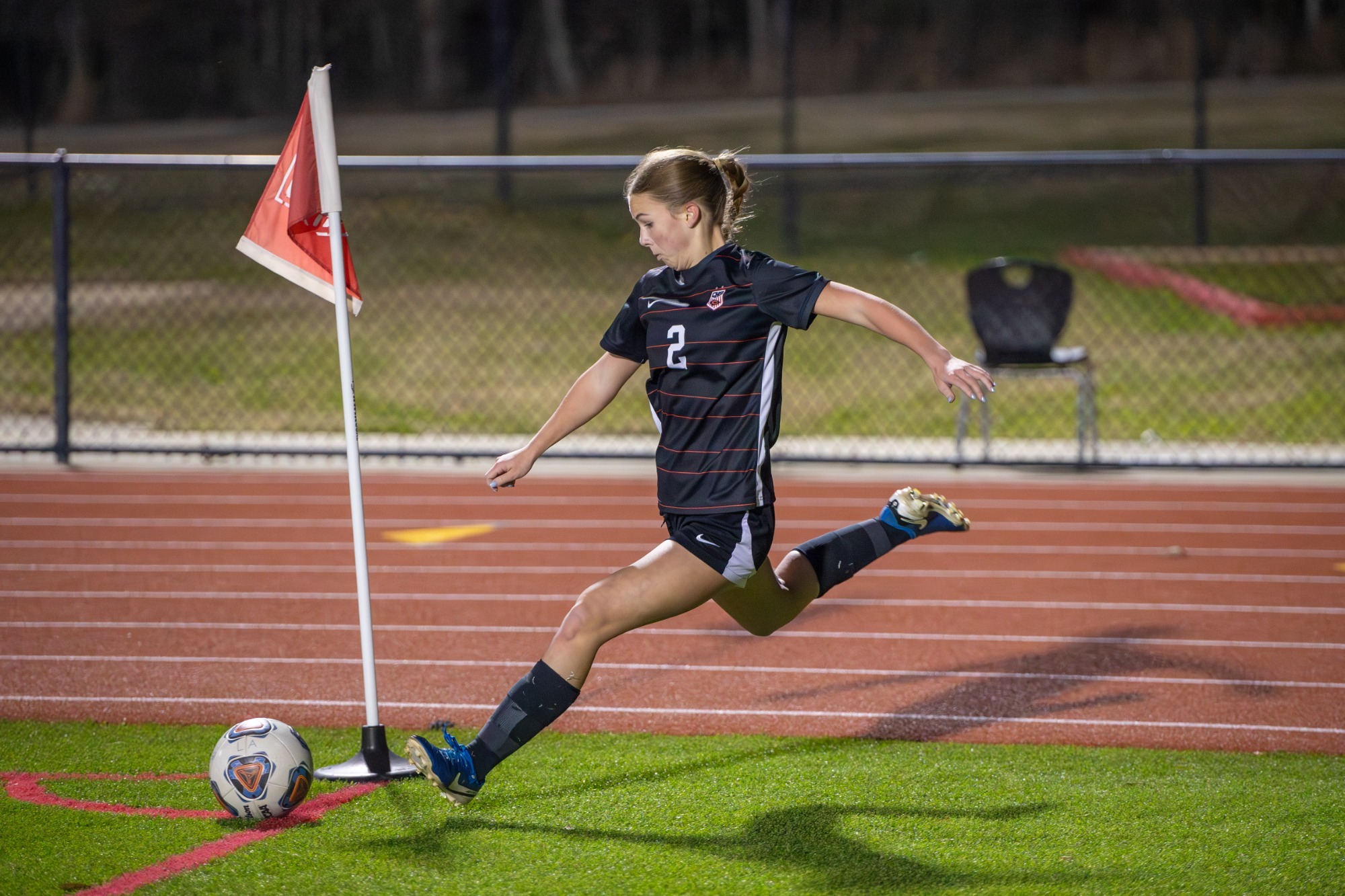 Cate Thompson whips in a corner kick in a Region 2-7A match against the Starkville Lady Jackson on Tuesday, January 20, in Clinton.