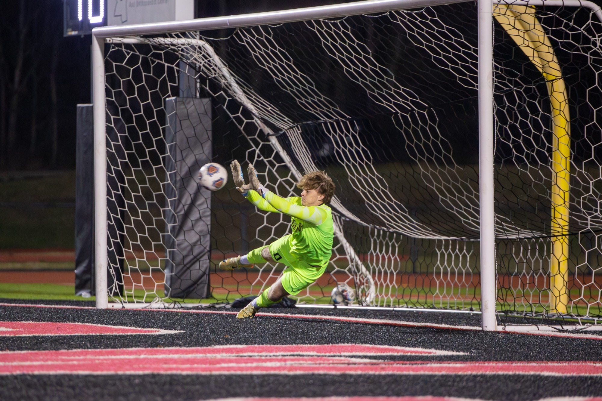 Ryan Carite delivers a save during a penalty-kick shootout against Starkville on Tuesday, January 20, at Arrow Field.