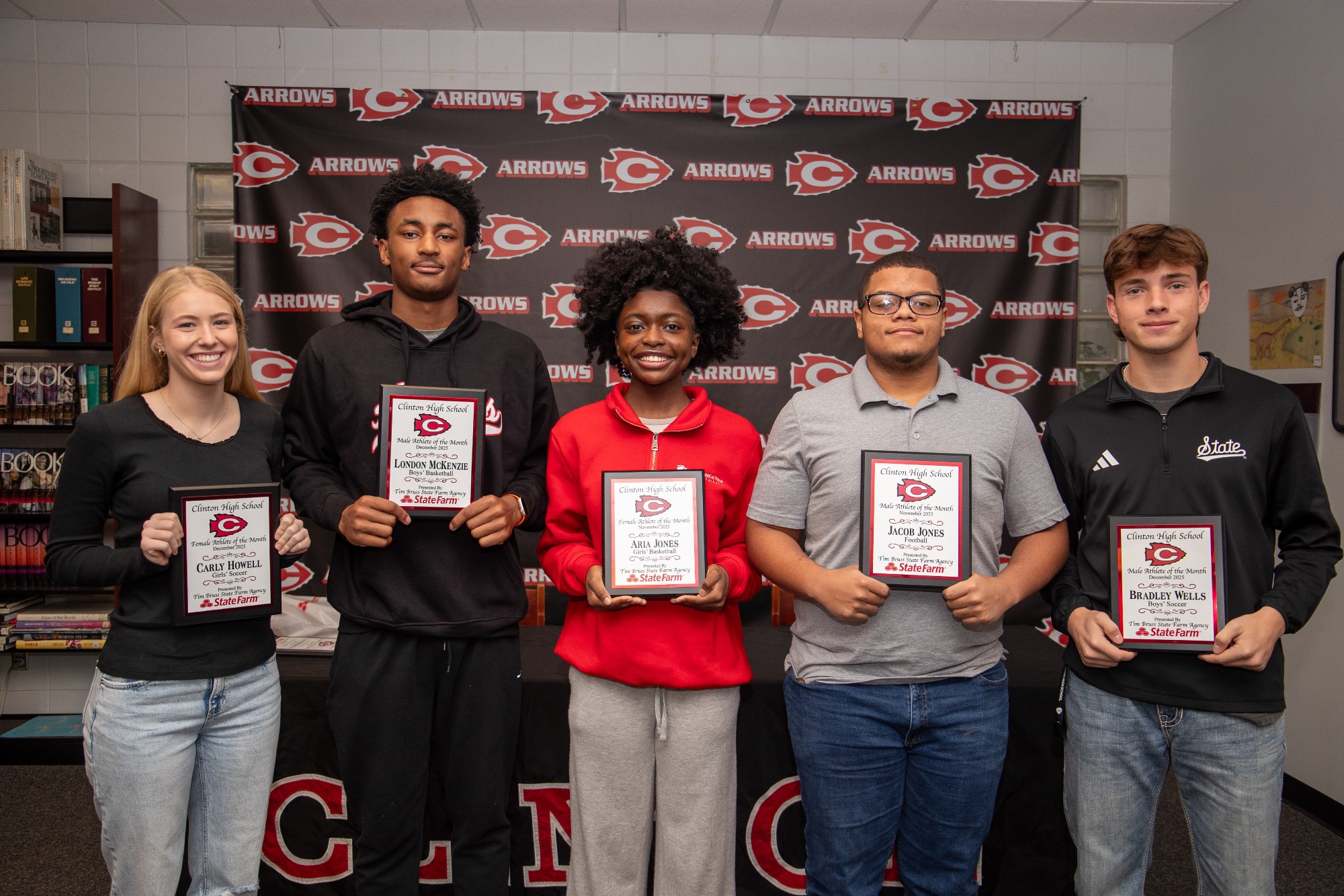 The Clinton Athletic Department recognized six student-athletes for their work on the field and in the classroom on Friday, January 20 in the Clinton High School Media Center. The Student-Athlete of the Month Award is sponsored and presented by Clinton State Farm Insurance Agent Tim Bruss - a proud supporter of Clinton Athletics. 