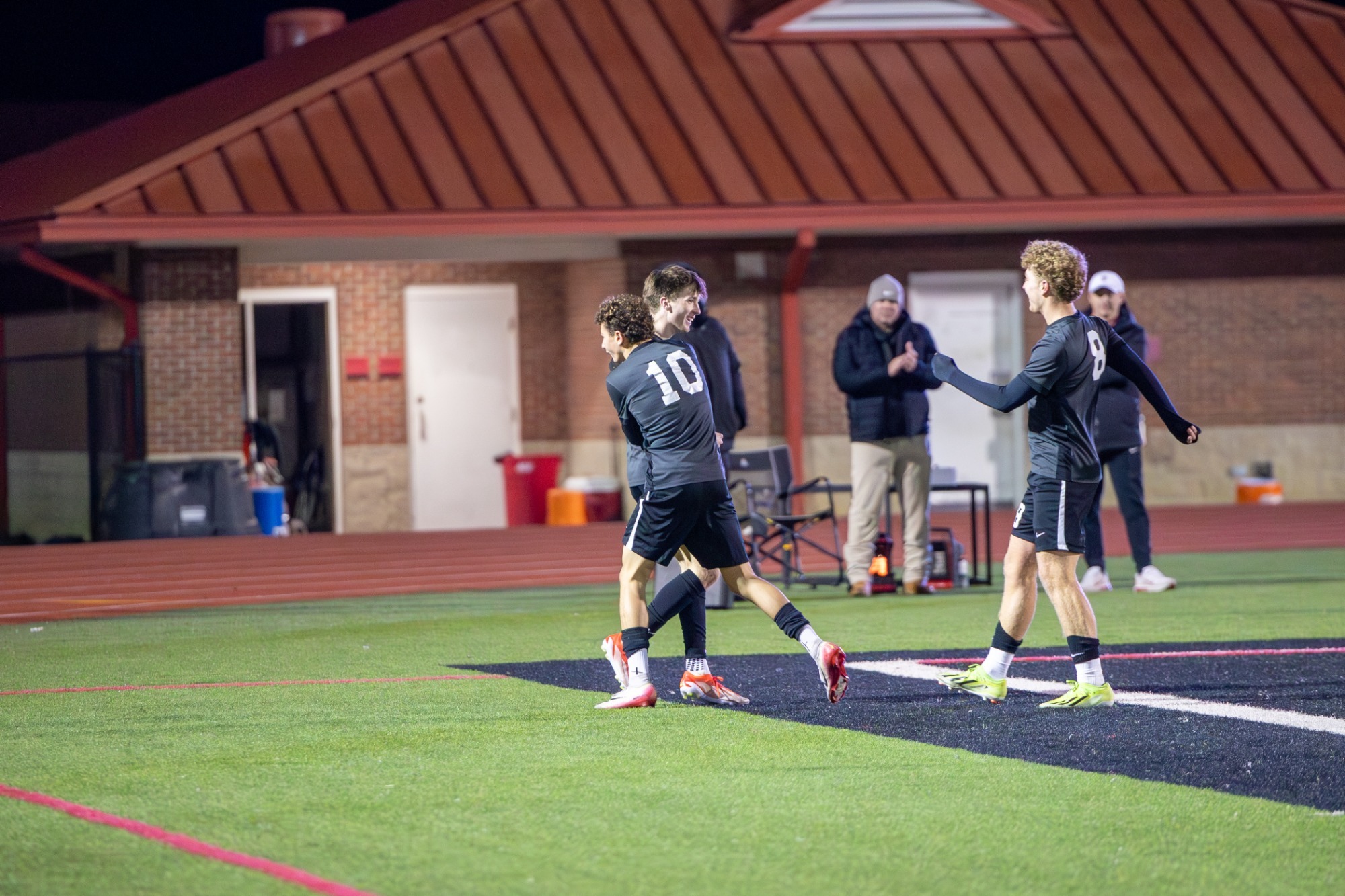 Cole Hayman and Timothy Graham celebrate the game-winning goal over Northwest Rankin.
