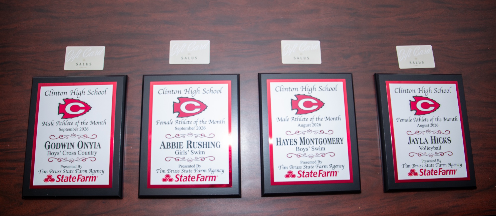 Clinton Athletics celebrated its August and September Athletes of the Month, sponsored by State Farm’s Tim Bruss, on Monday, October 26, in the Clinton High School Media Center.