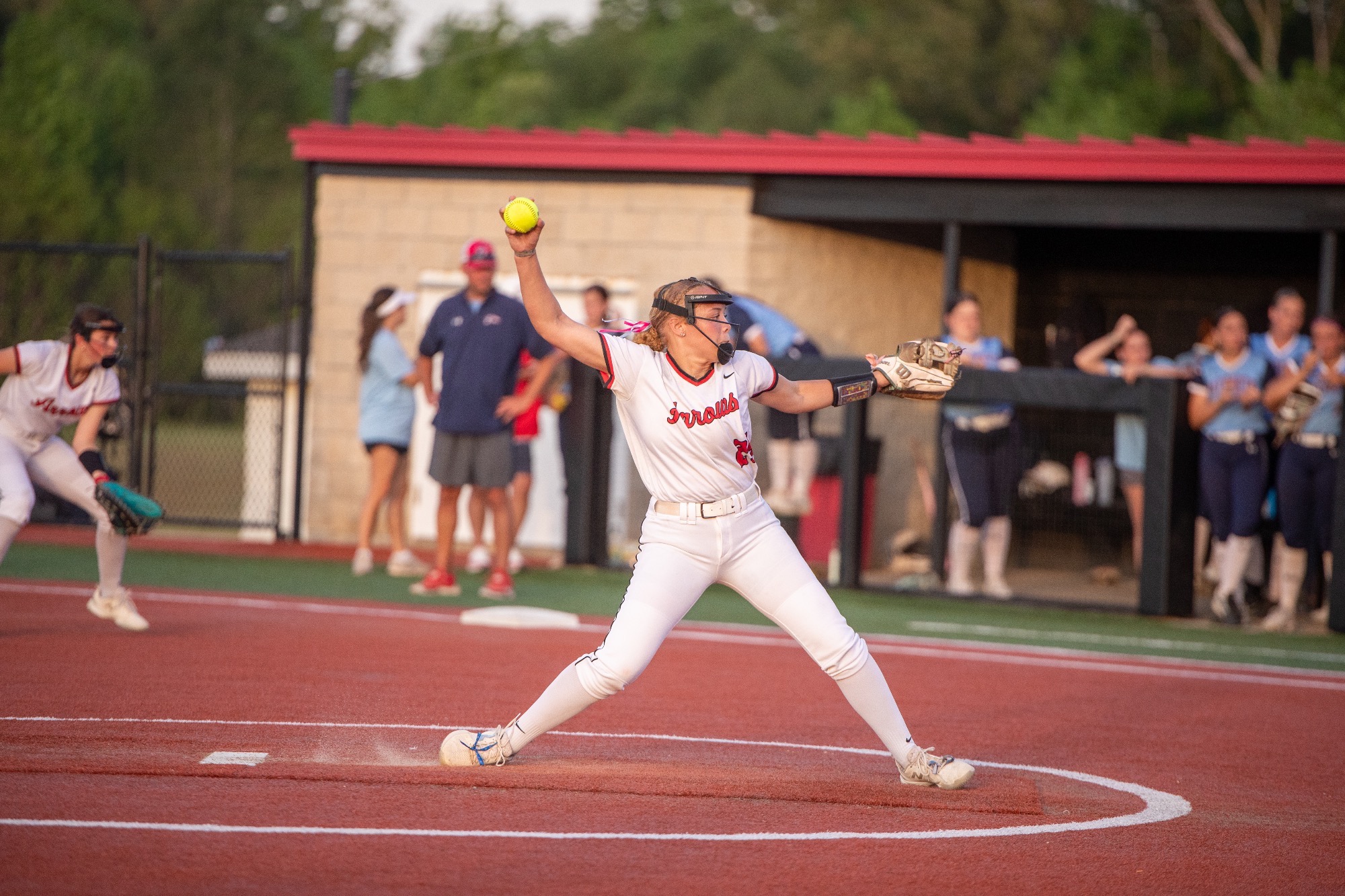 Clinton Lady Arrow Madison Nelson tosses one of many pitches during her complete-game effort against Lewisburg on Thursday, April 23, in Clinton.
