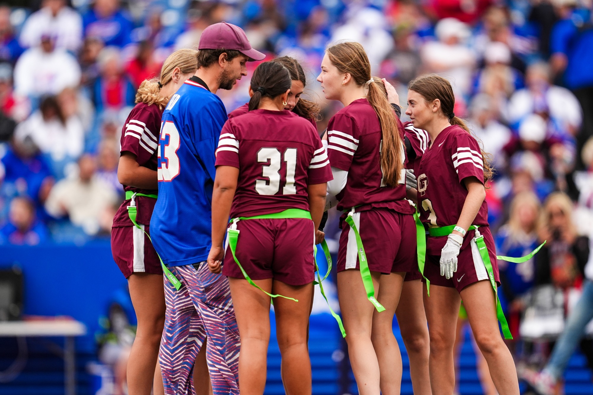 Coach Weiss coaching team during halftime of Bills 2024 home opener
