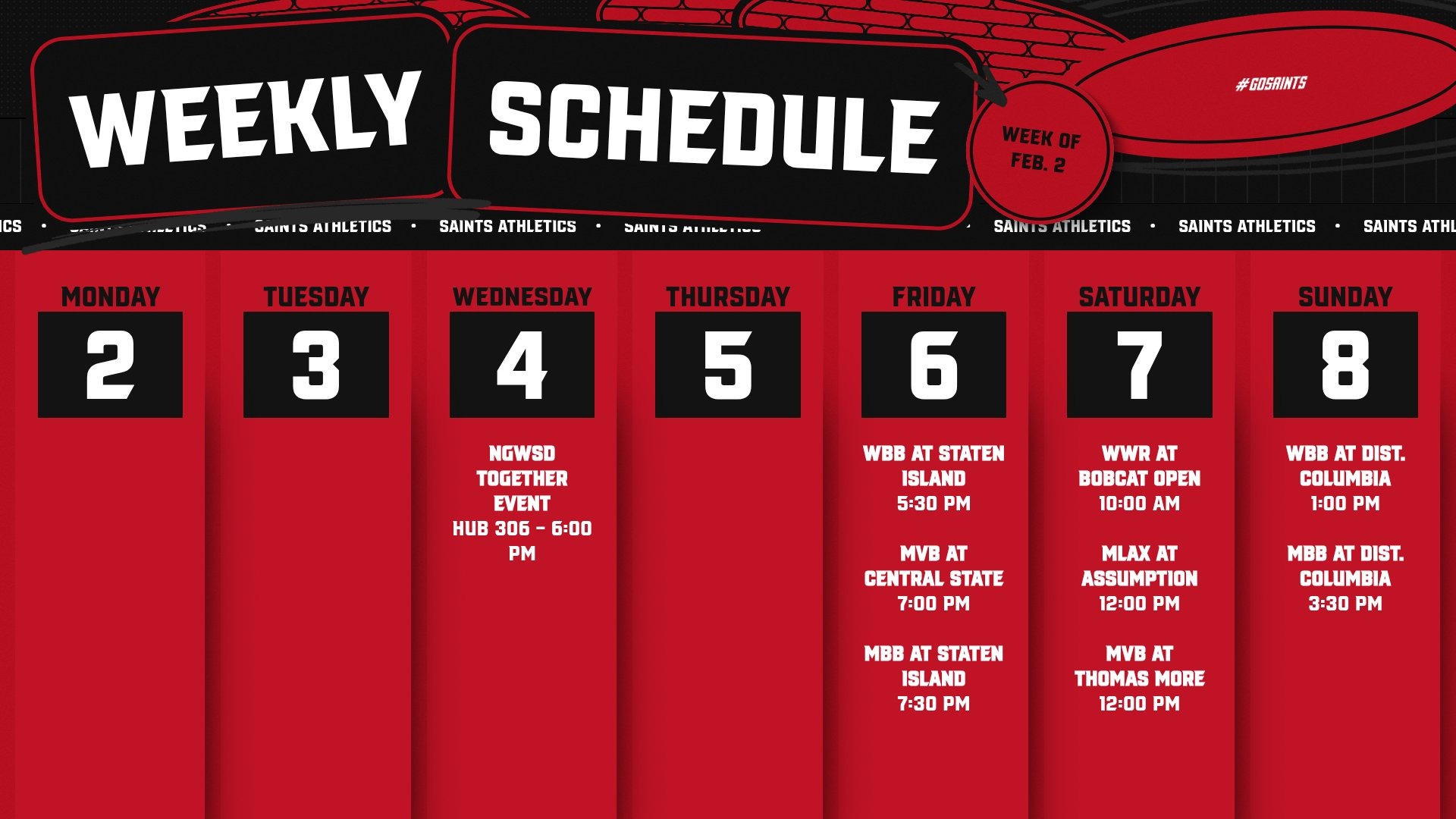 Saints weekly preview Fe. 2-8