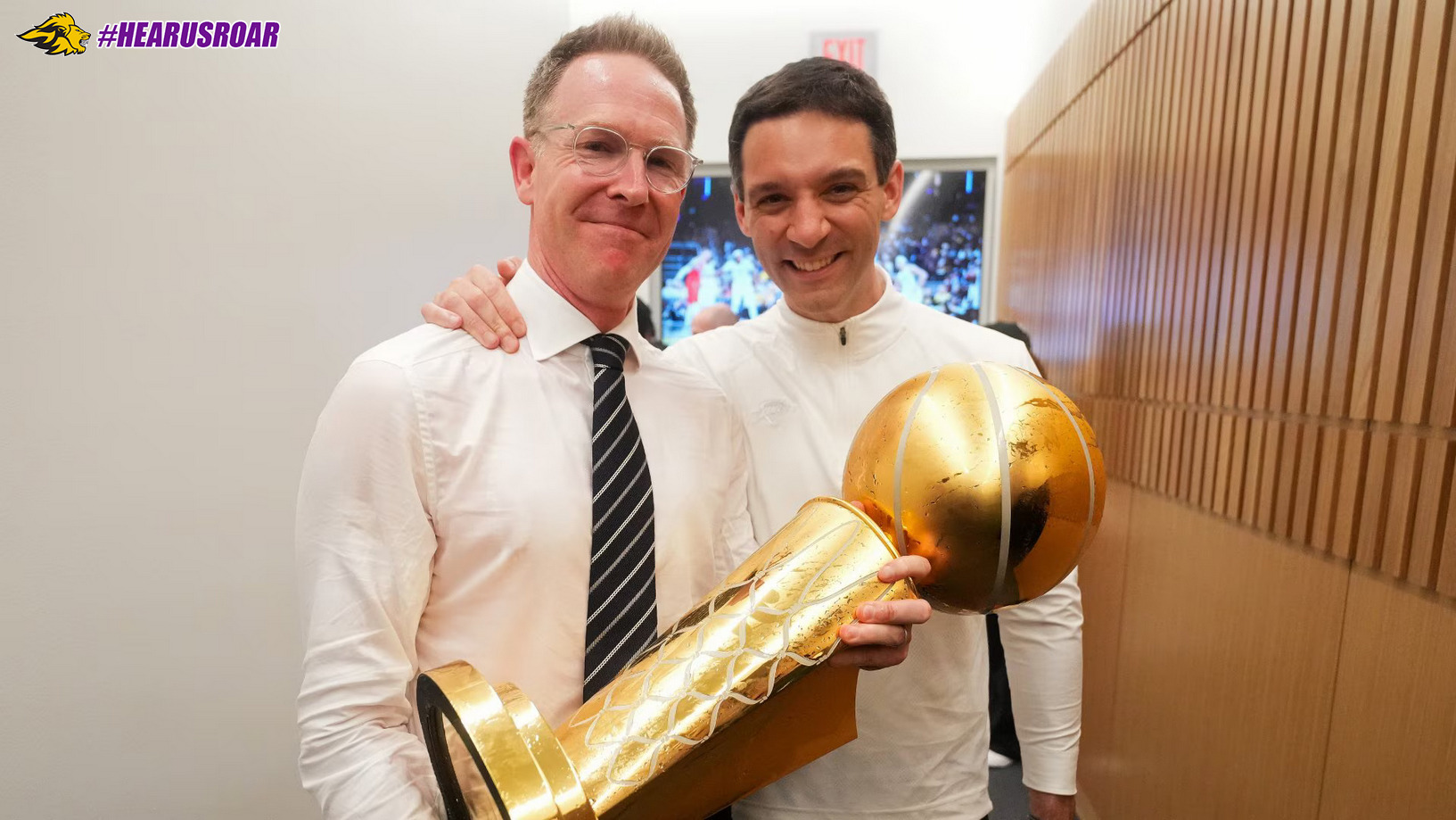 Sam Presti and coach Mark Daigneault celebrate the 2025 NBA championship