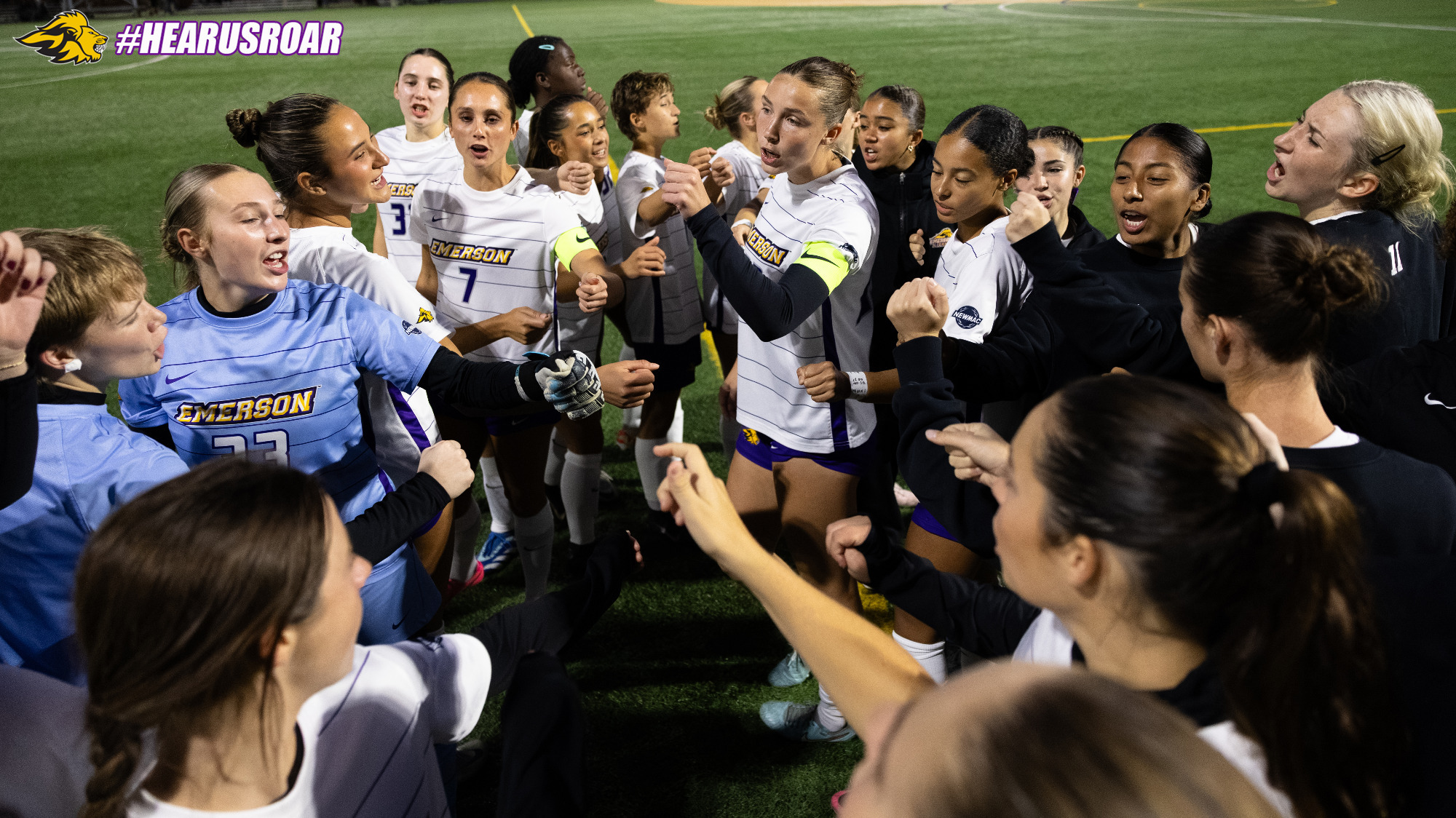 Emerson Women's Soccer huddles before its match with Bowdoin