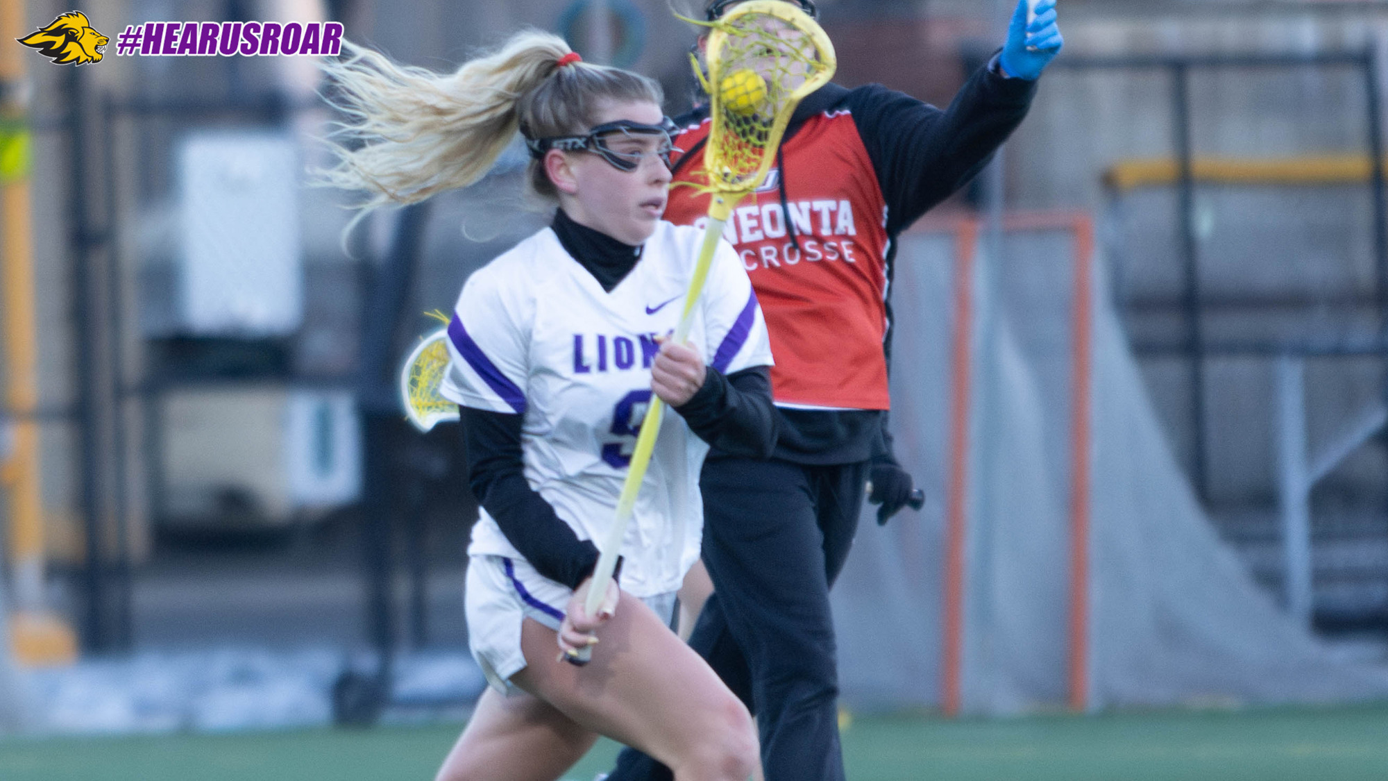 Ava DelliCompagni makes a move past a defender against Oneonta