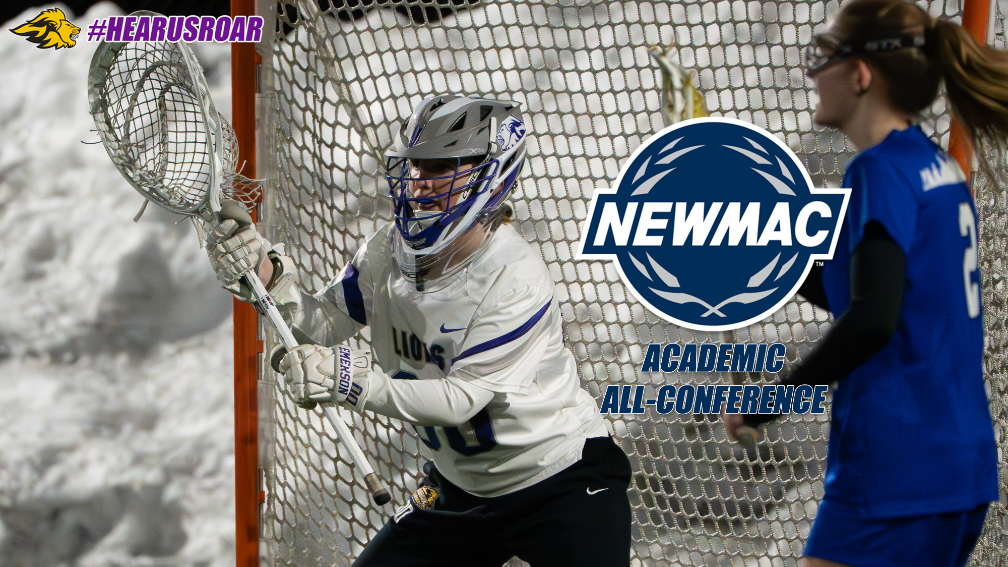 Ellie Spotts protects the goal with NEWMAC Academic All-Conference branding