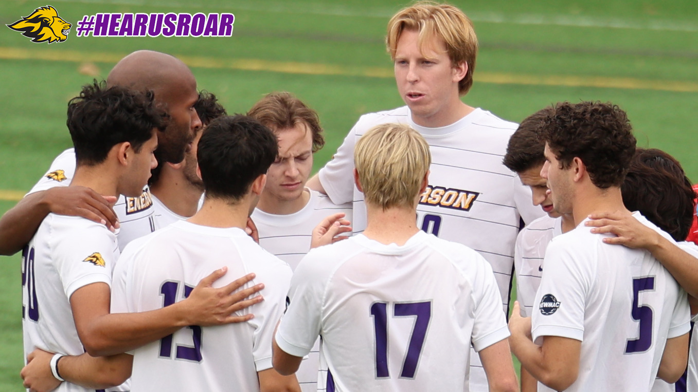 The Emerson men's soccer team huddles up during its matchup with Coast Guard