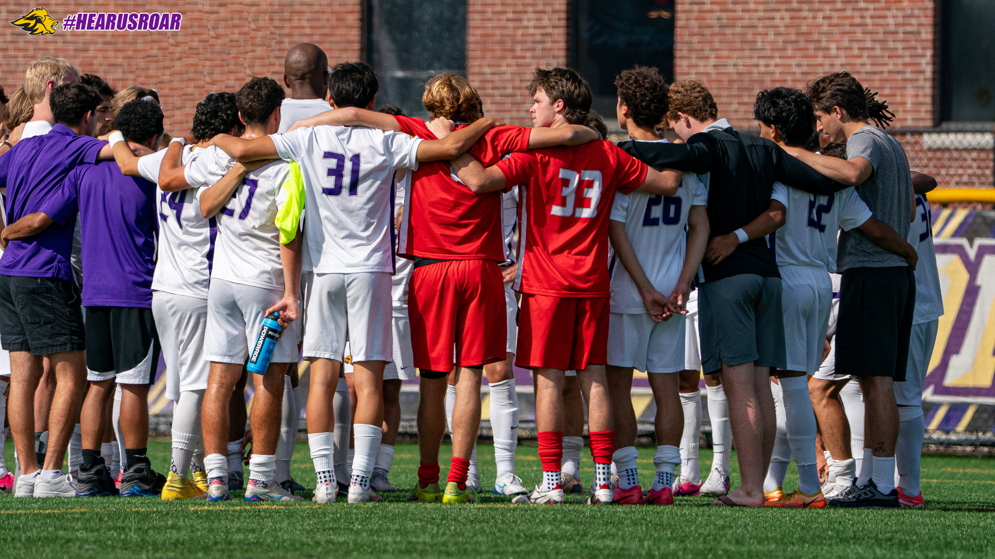 Men's Soccer huddles pregame against Widener