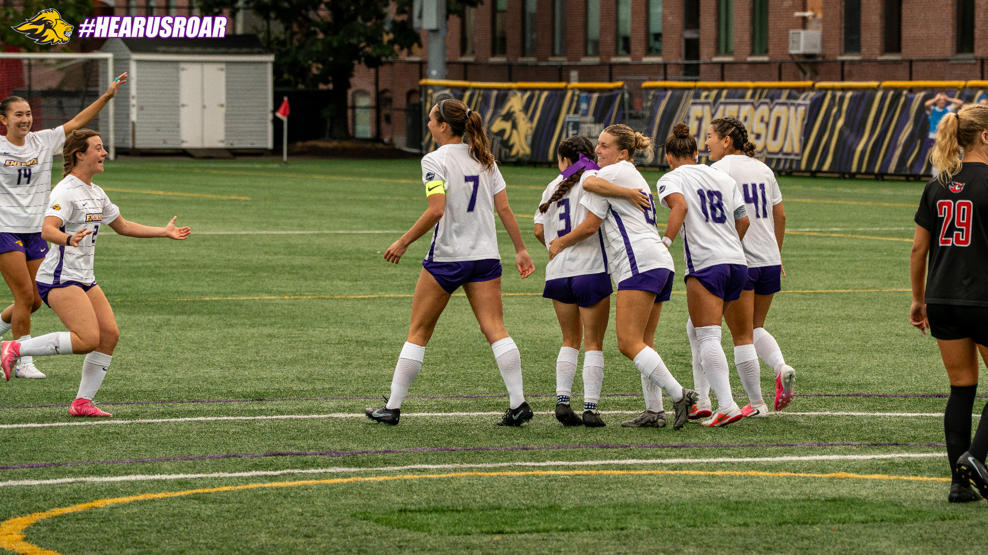 Emerson celebrates its opening goal against Keene State