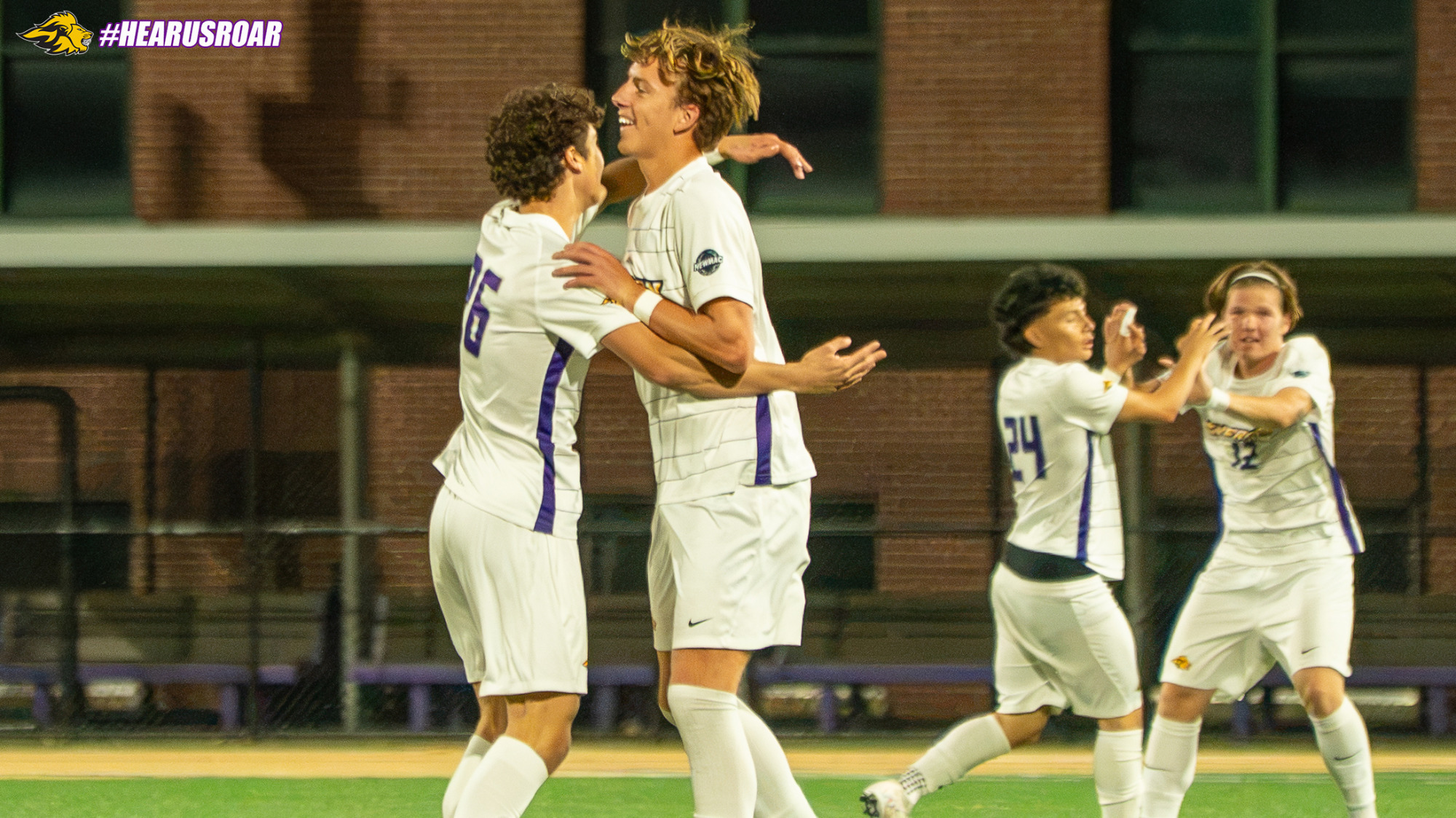 Cade Lagerwey celebrates his opening goal against Bridgewater State