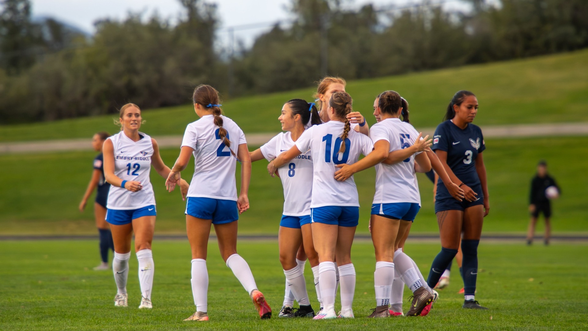 Wsoc huddle after goal