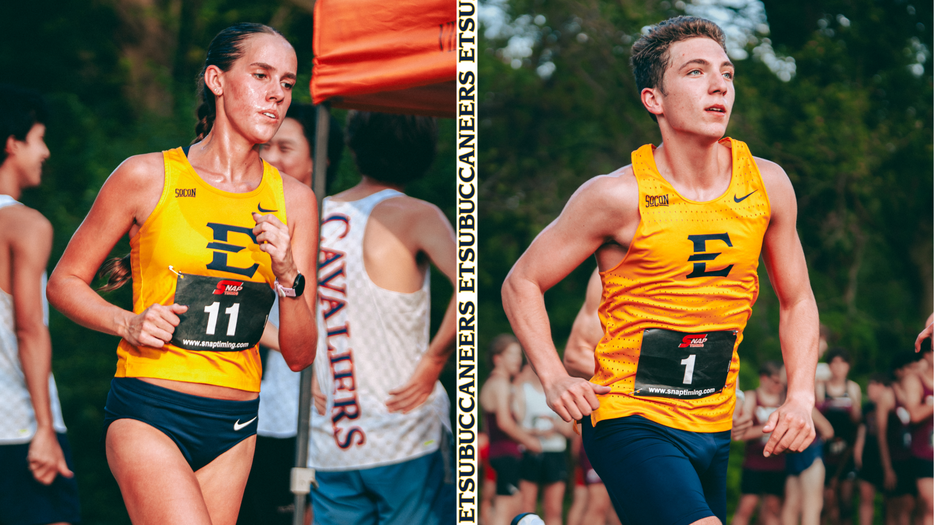 A split image of two cross country runners in different races. On the left, Ava Berkheimer runs past a scoring tent during a 6k run. On the right, Caden Costello crests a ridge during an 8k race.