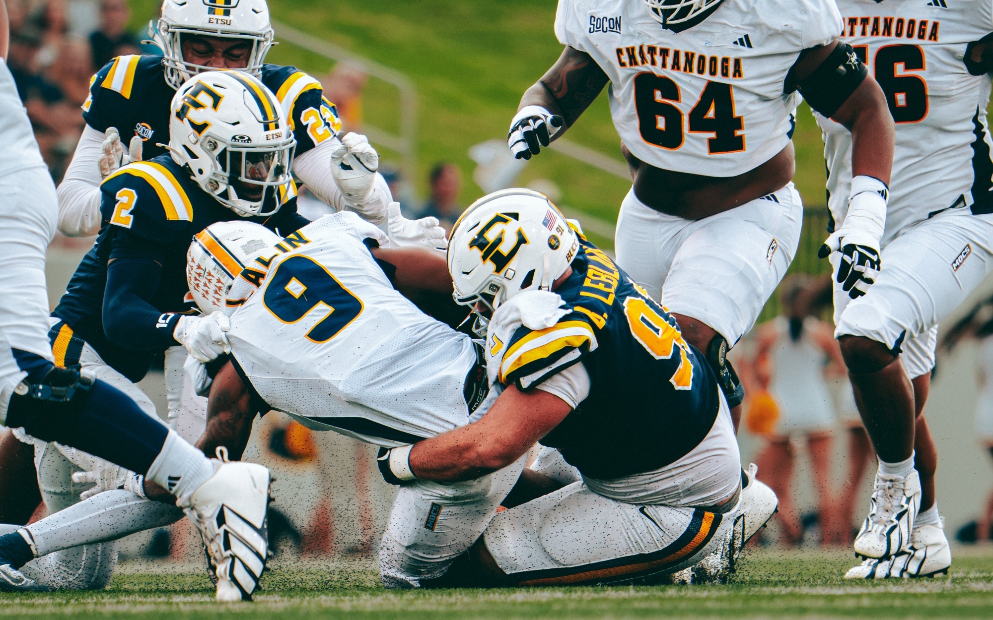 Brenden LeBlanc makes the tackle in the annual Rail Rivalry game against Chattanooga