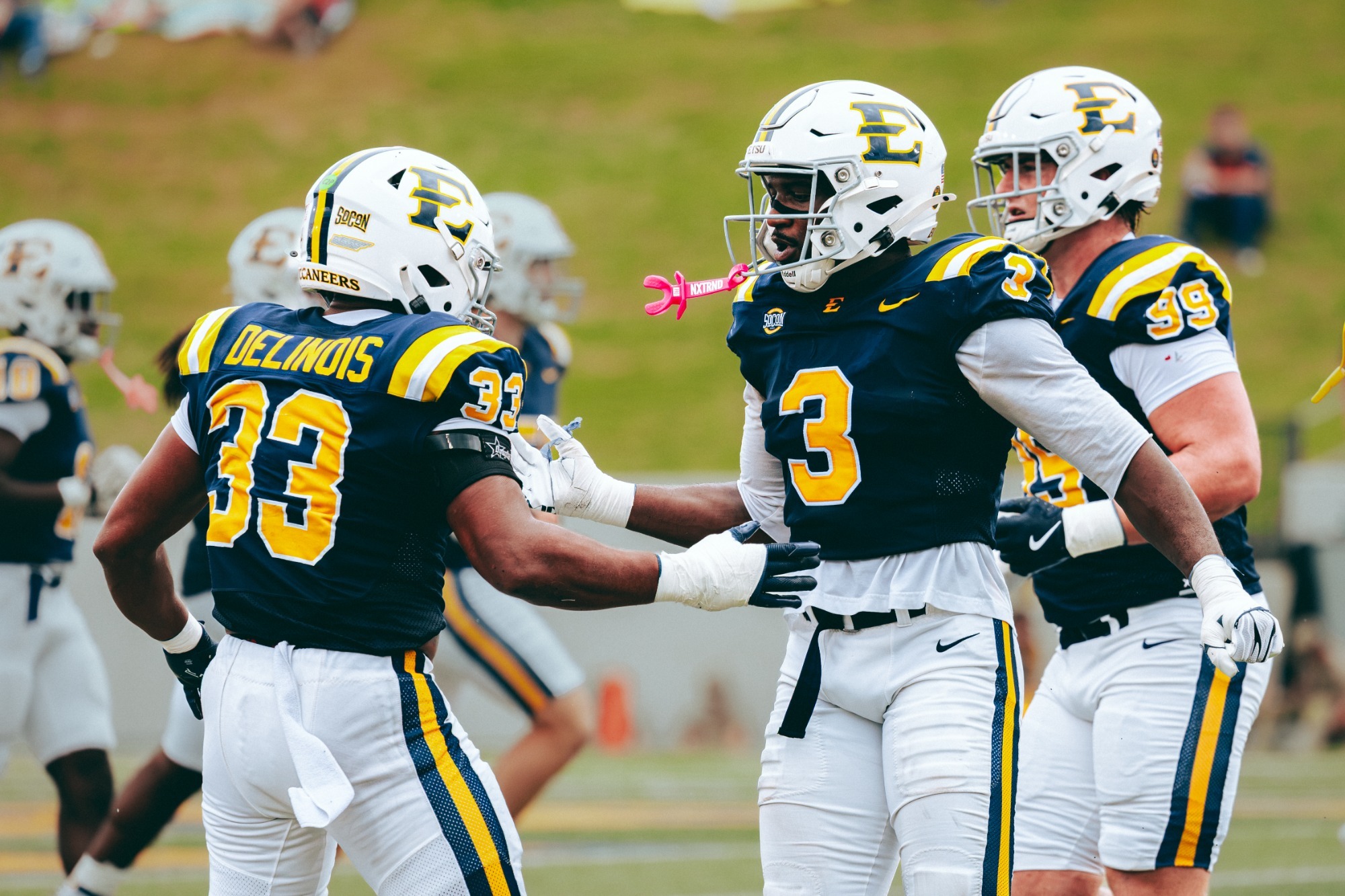 Linebackers Dre Delinois and Jarvis Johnson congratulate each other after a big play against Chattanooga