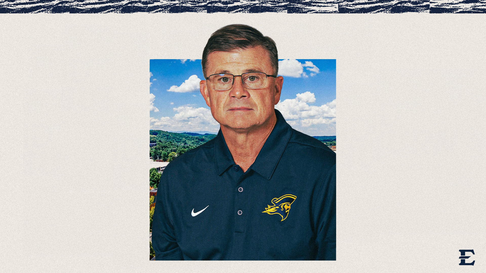 David Blackburn headshot over a picture of campus. The background is a cream color with a blue bar up top that looks like a mountain range. Small E logo in lower left corner