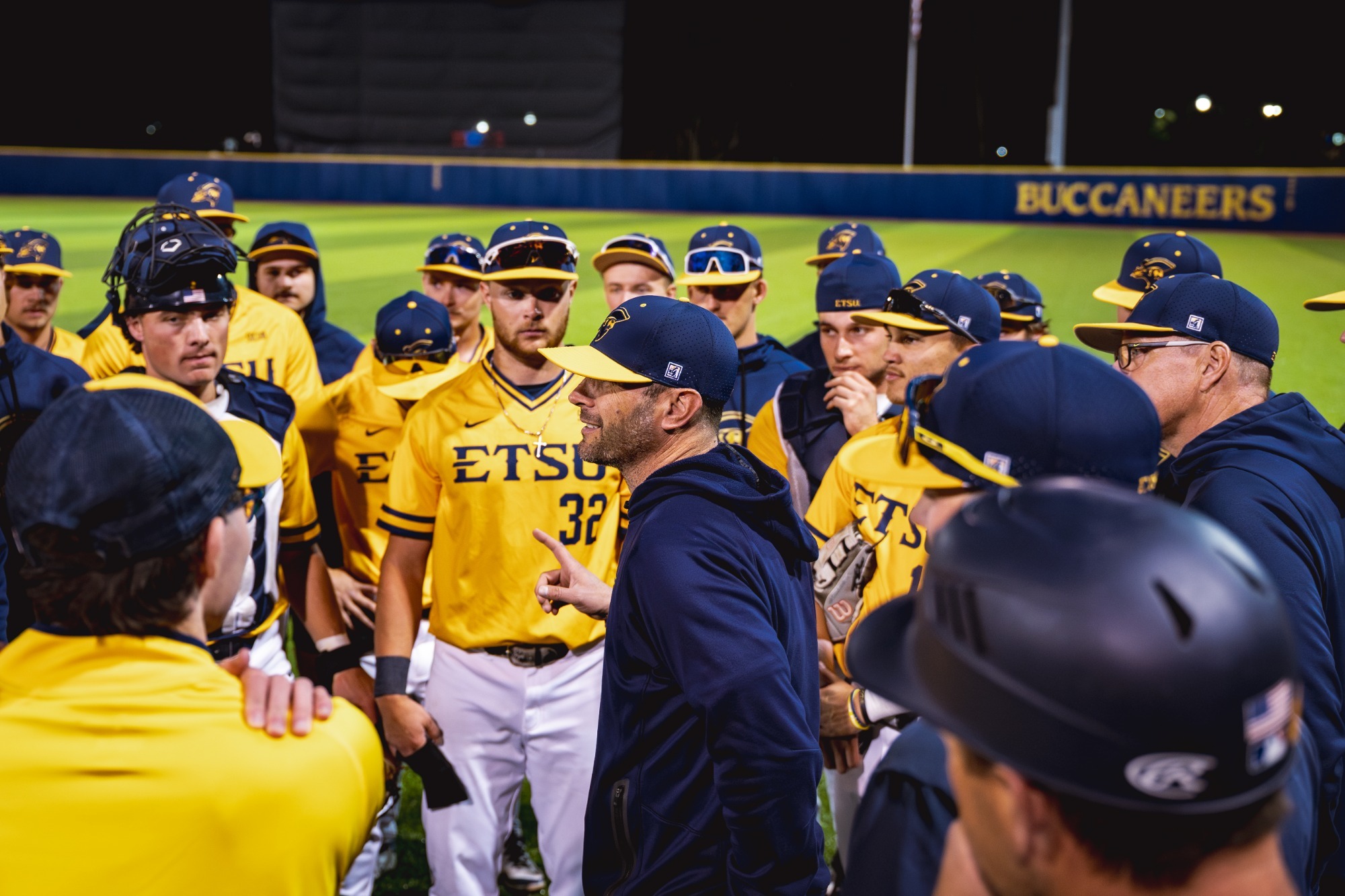 Head Baseball Joe Pennucci talks to the Bucs after knocking off Virginia Tech