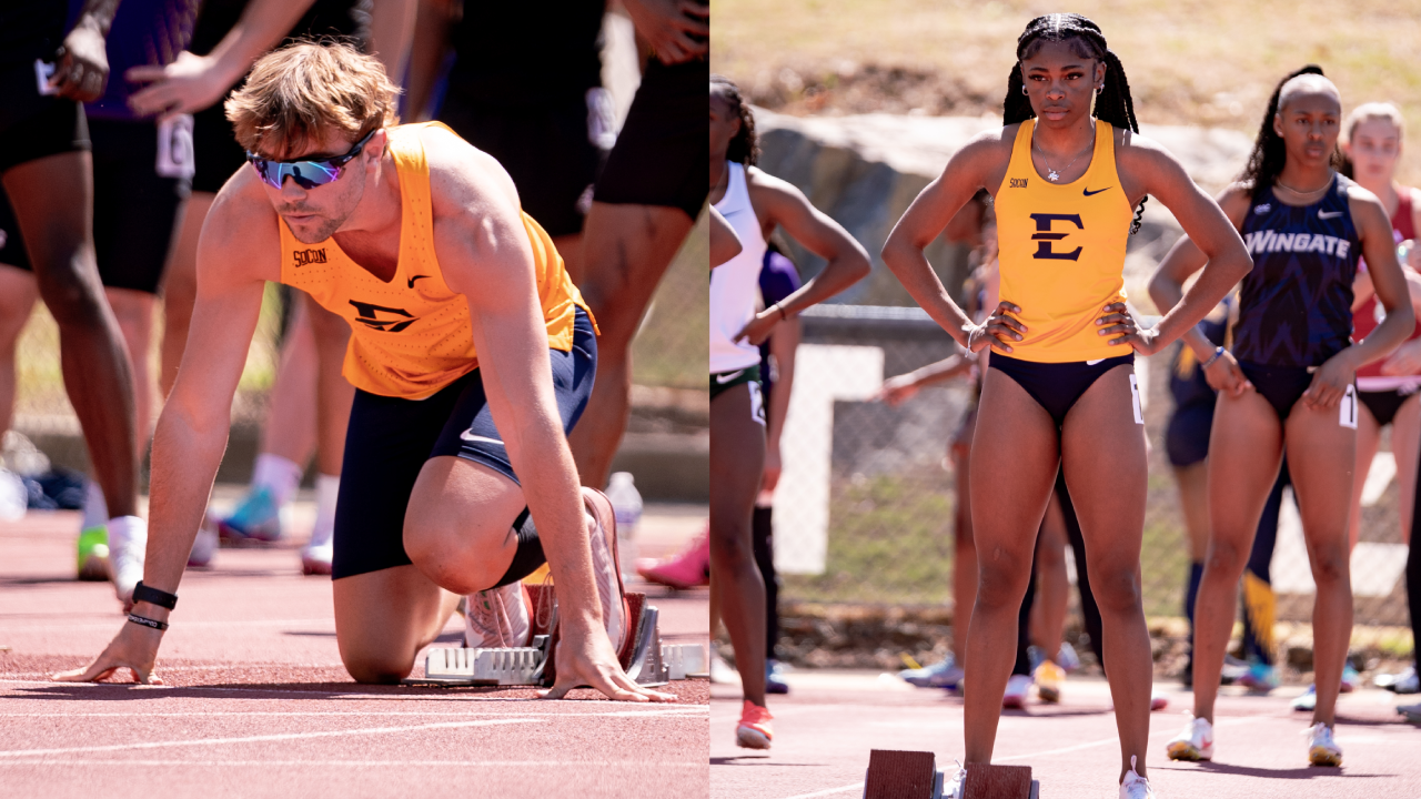 On the left, Ben Smith crouches into his starting blocks in preparation for a race. On the right, Micailah Cook stands over her starting blocks, awaiting the signal to take up her starting position.