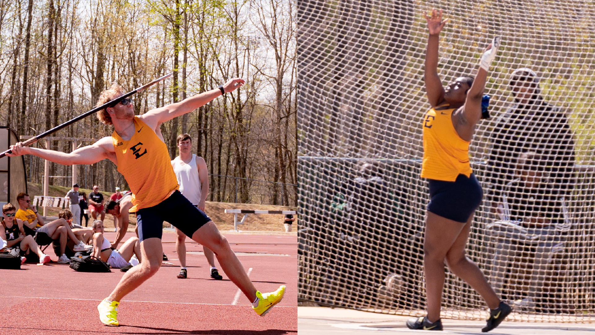 On the left, Grant Winegar, in his blue and yellow uniform, runs across a red track to throw a javelin on a sunny day. On the right, Tyla Nicholson, in her blue and yellow uniform, follows through on her release on the hammer throw in likewise sunny conditions.