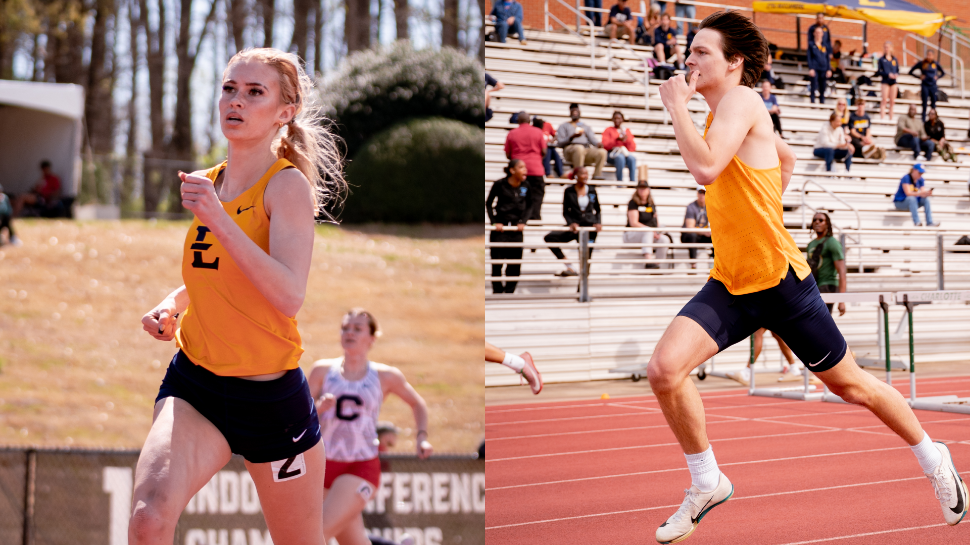 On the left, Katelynn Lemke, in her blue and gold track uniform, runs past the camera in the midst of a sprint race. On the right, Milo Willets, in his blue and gold track uniform, sprints toward the finish line at the end of a 400 meter hurdles race.