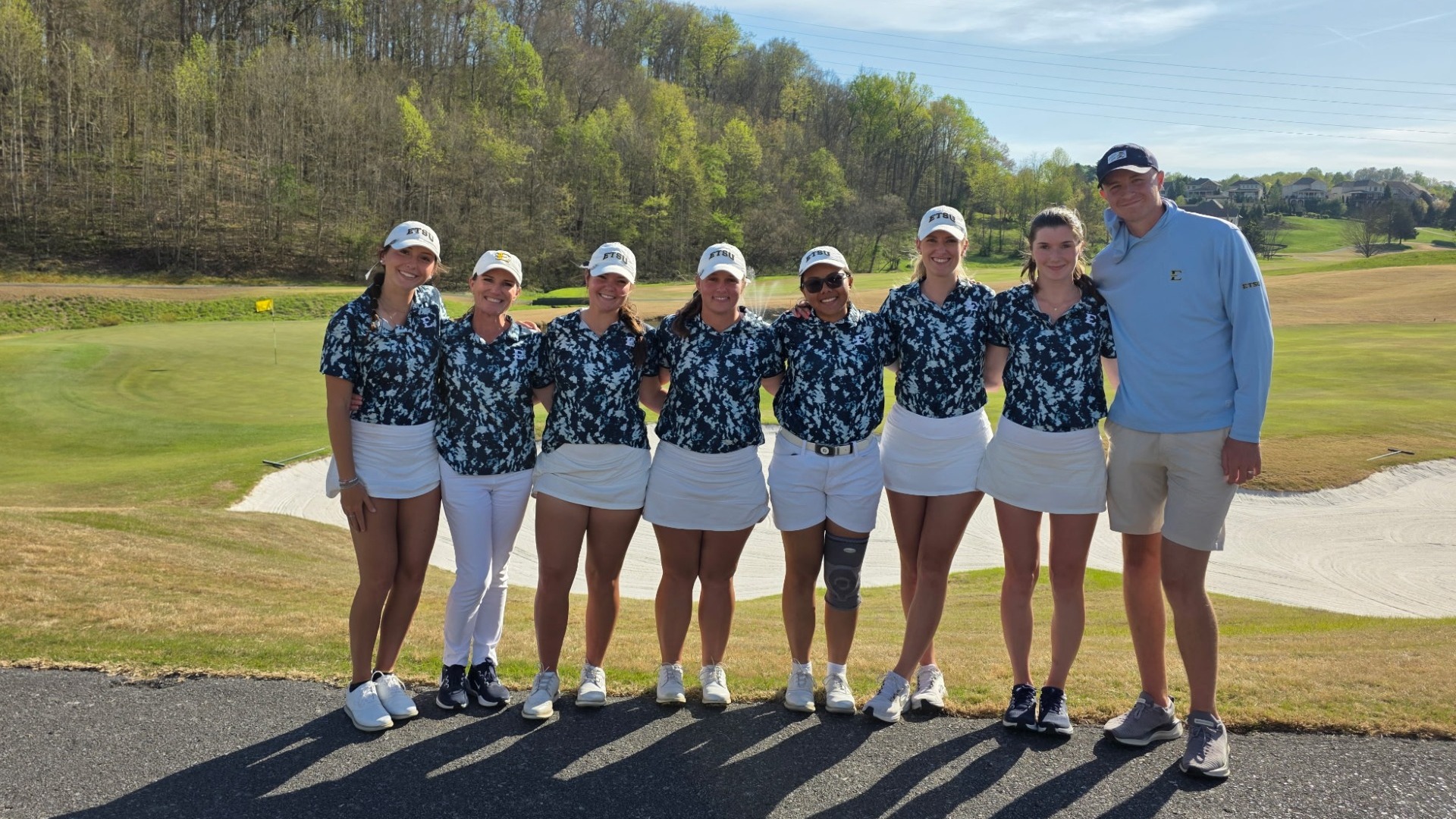 Women's golf team at Blackthorn Country Club after the ETSU-Tennessee Tech exhibition on April 10 - photo featuring Sophia Gambini, Arisa Piyamanit, Stefanie Shelton, Ben Carberry, McKenzie Hauk, Katie Hall, Nova Siljander and Sydney Harz