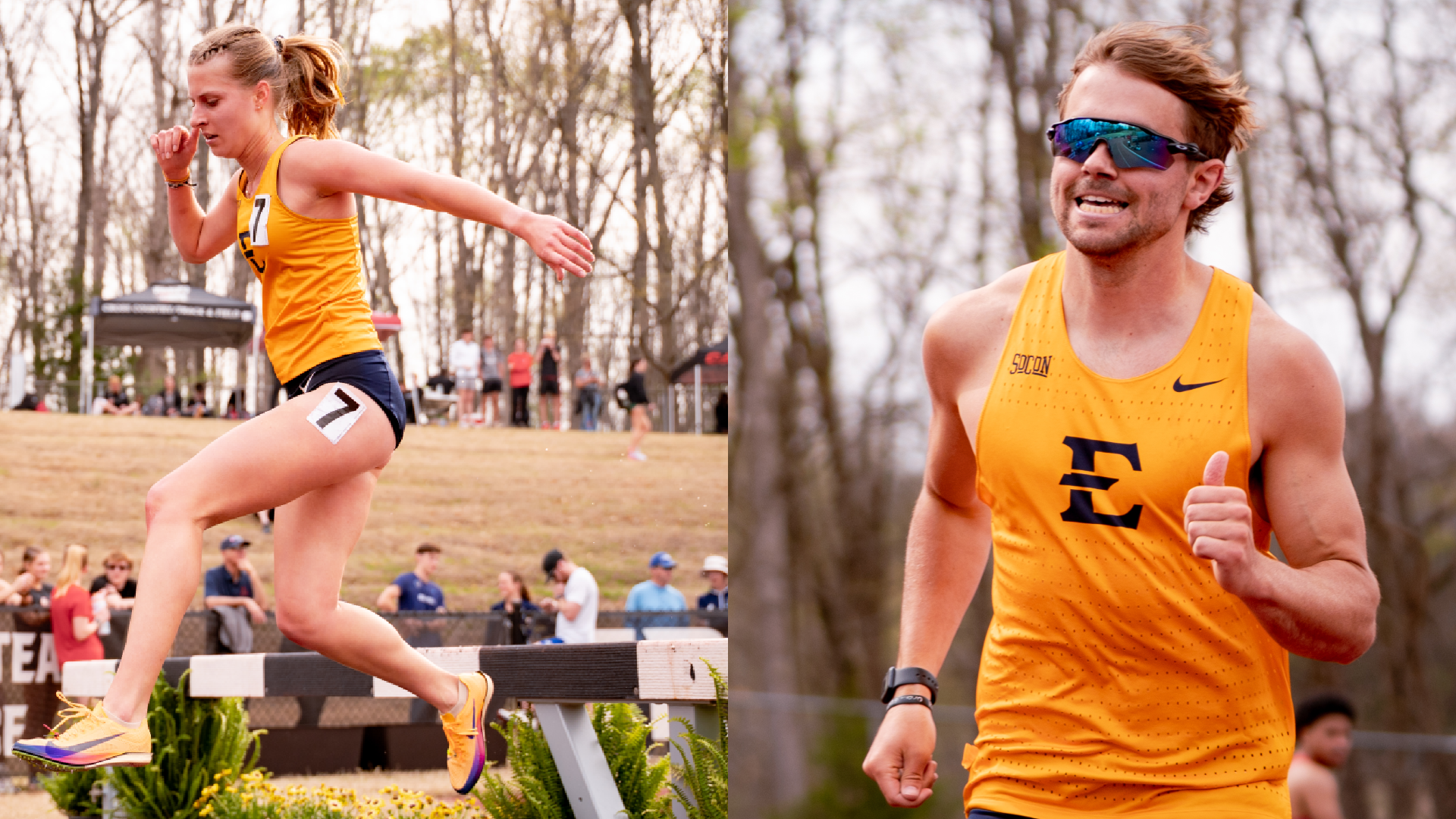 On the left, Eliza Everett jumps over a hurdle into a pool of water during the 3000 meter steeple chase. On the right, Ben Smith in his yellow racing uniform and blue reflective sunglasses, runs in a sprint race.