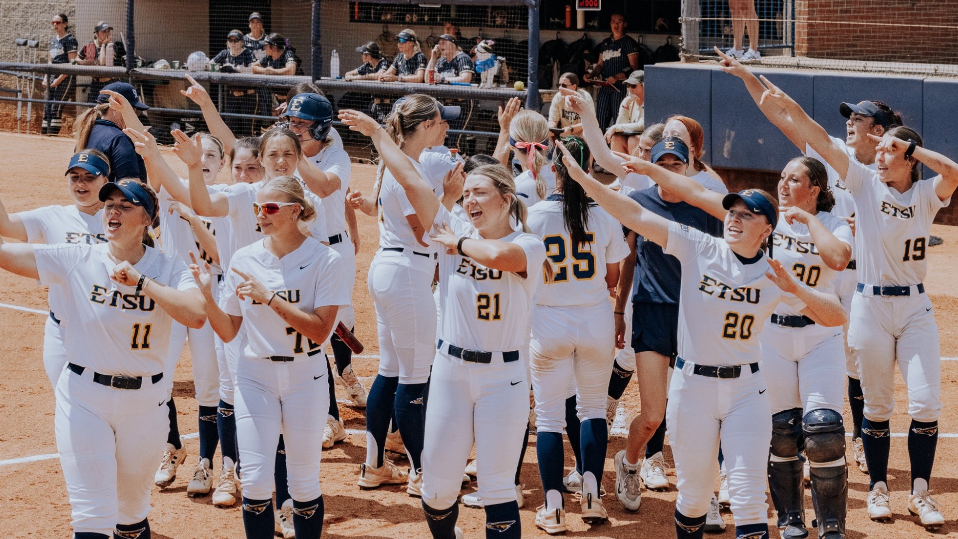 Softball's team celebrating after a home run in the second game of the Wofford series on April 18, 2026.