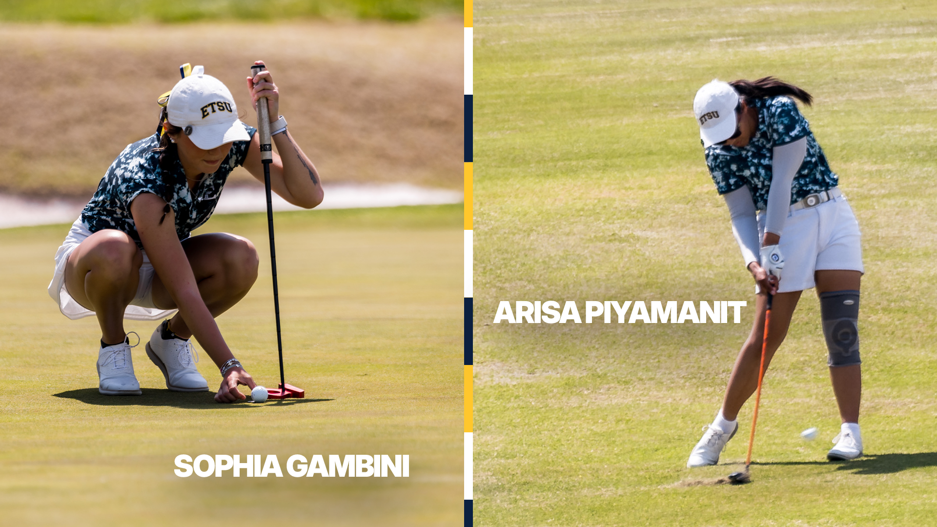 A split image of women's golfers Arisa Piyamanit (finishing a swing of an iron) and Sophia Gambini (setting up for a putt).